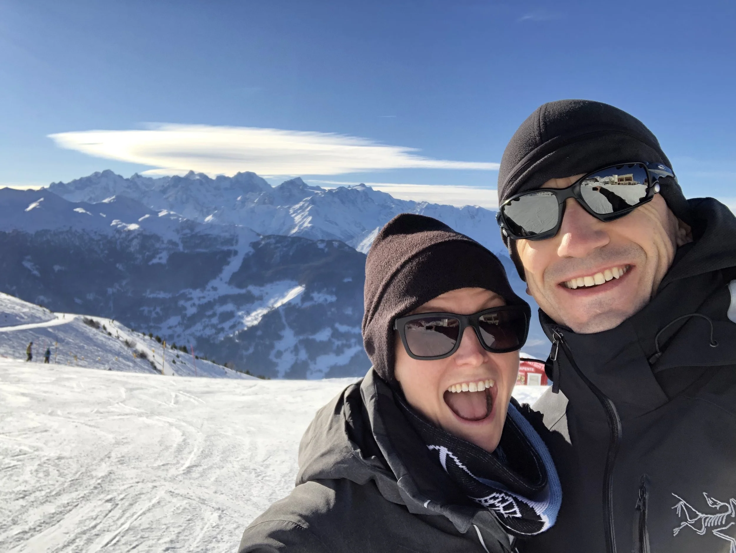 Leslie and Arnaud at the top of one of the Verbier ski slopes. Verbier, Switzerland, December 2018.