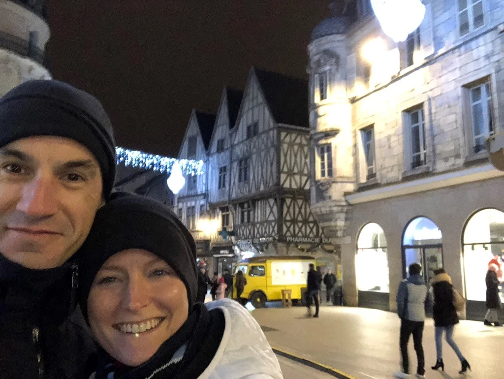 Arnaud and Leslie out exploring on our one night in town. Dijon, France, December 2018..
