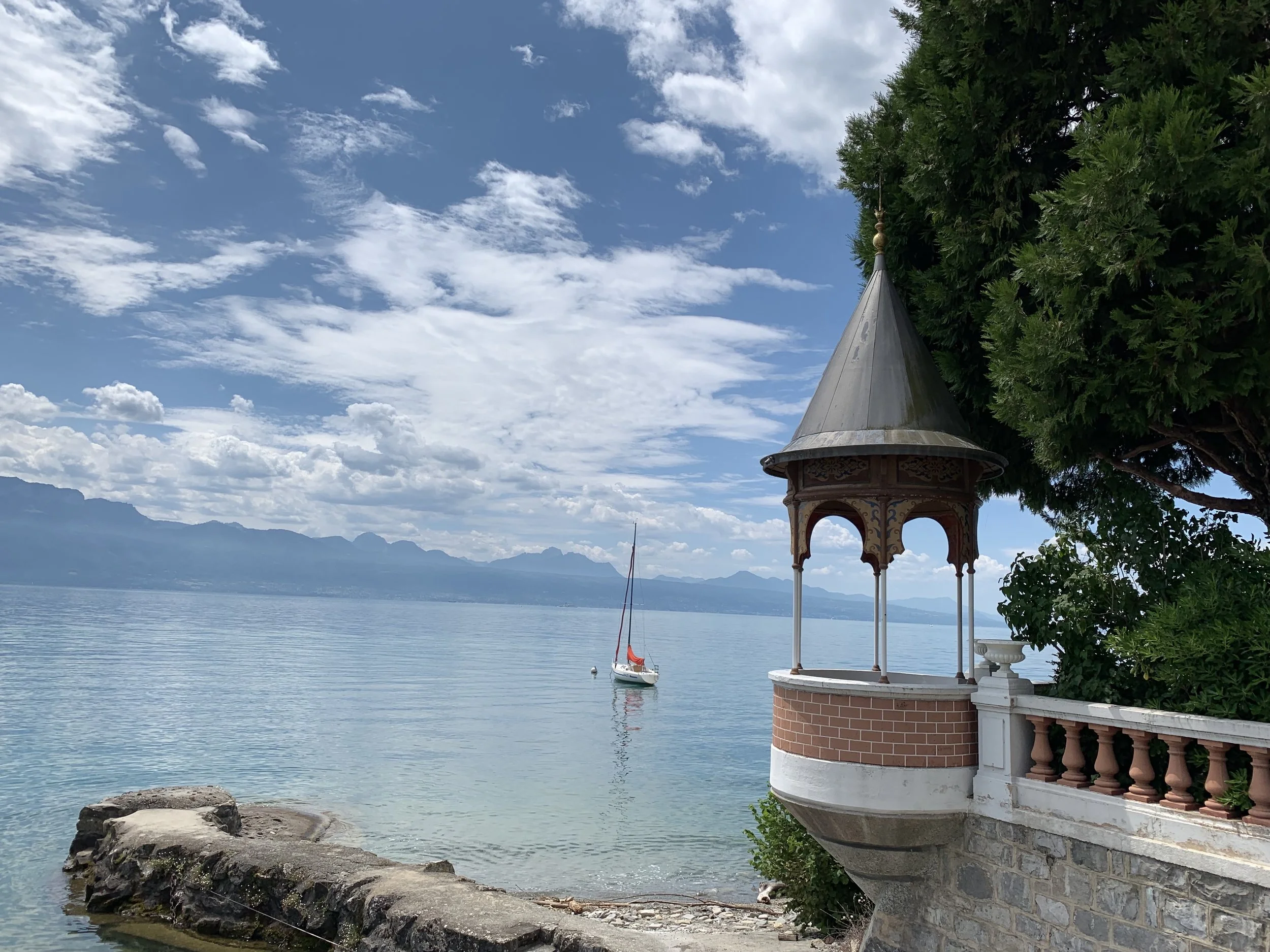 A view over Lake Geneva from Lutry, Switzerland. July 12, 2019.