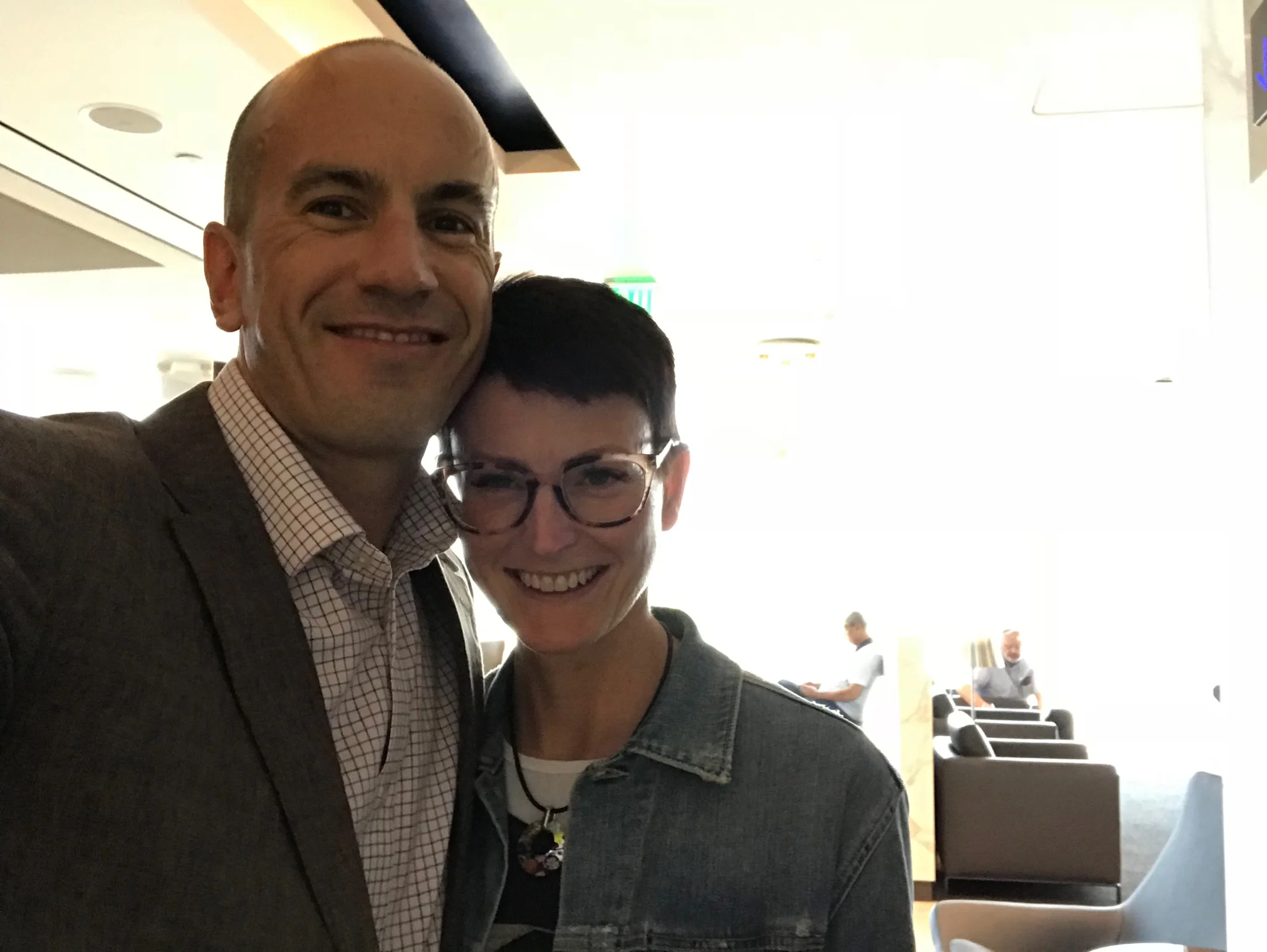 Arnaud and I in the Houston airport lounge, headed out for our move to Lausanne. August 23, 2018.