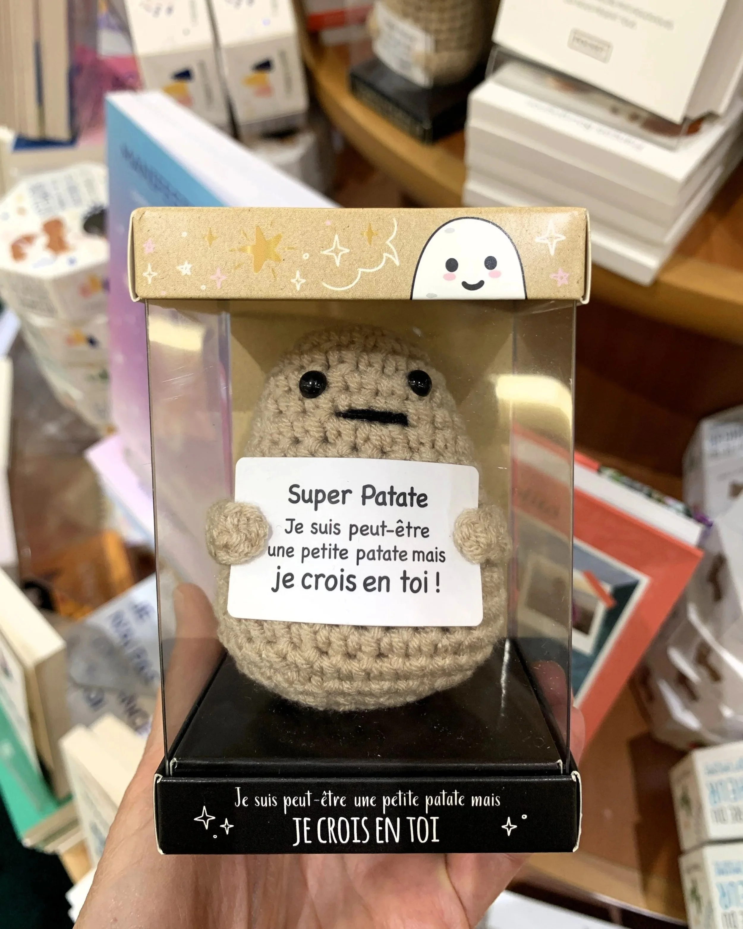 Hand holding a box with a knitted potato inside that holds a sign in French reading "Super Patate: Je suis peut-être une petite patate mais je crois en toi !" (I may be a small potato, but I believe in you!)