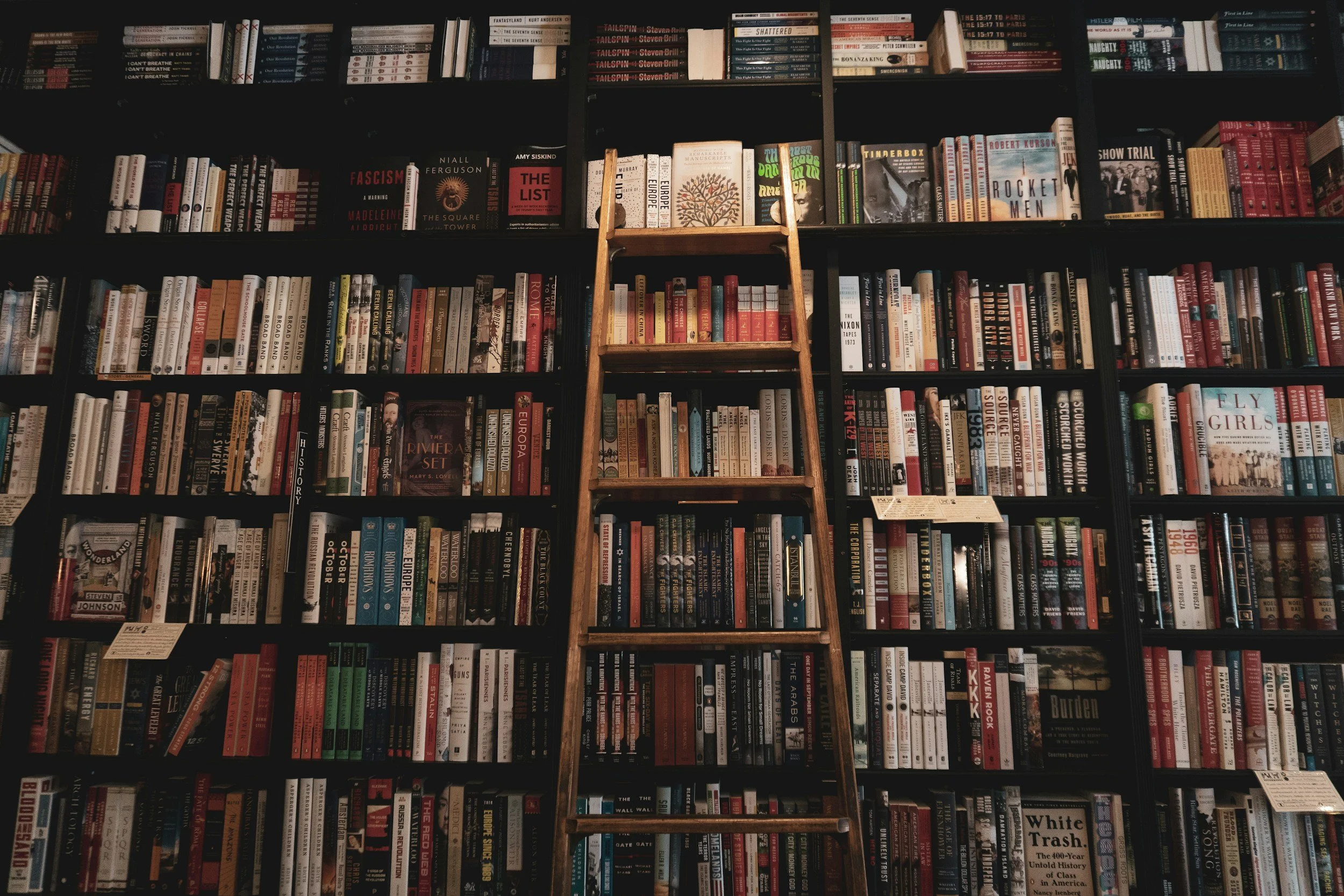A wall of bookshelves filled with books with a wooden ladder leaning against it.