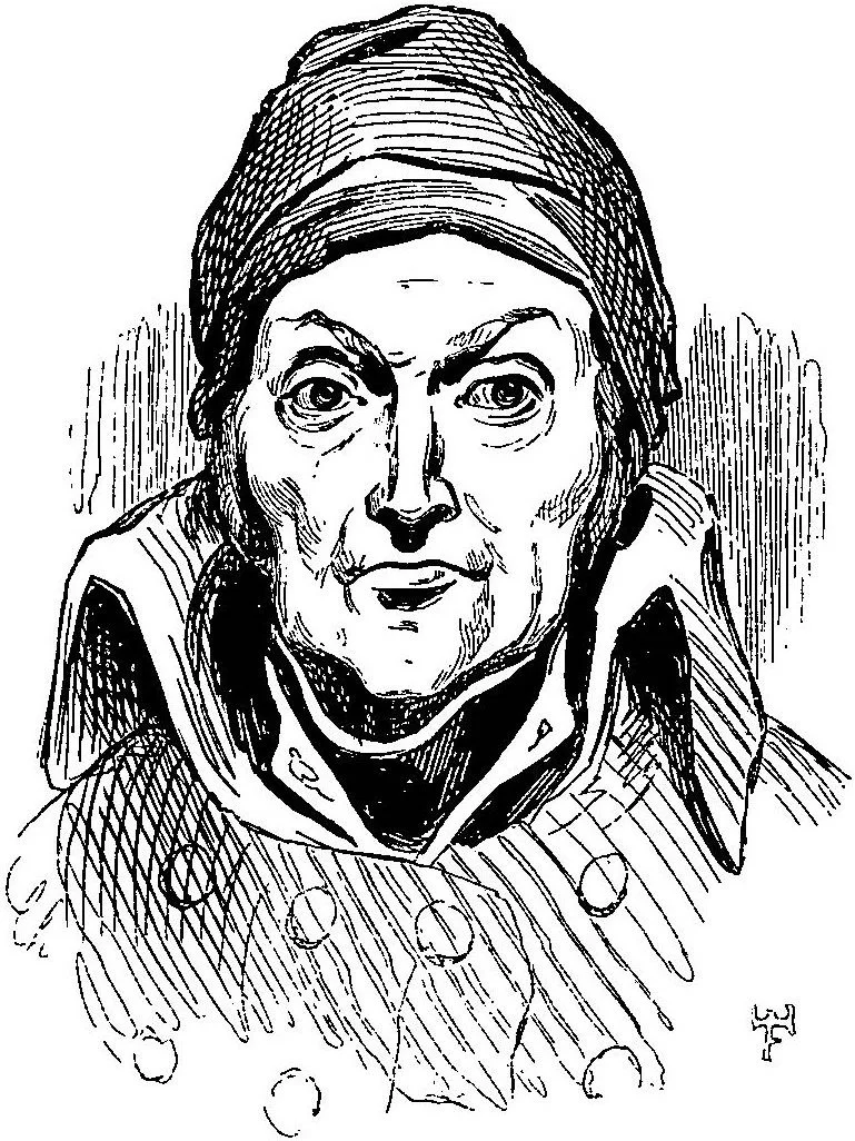 Block print of a sharp-nosed man wearing a fabric head covering.
