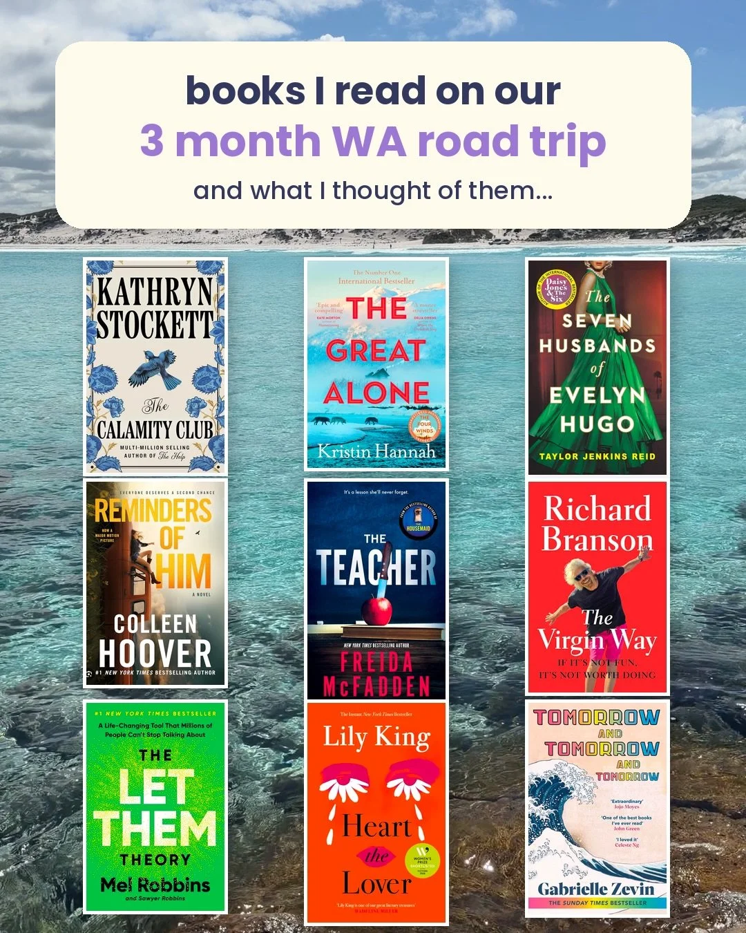 Books I read on our 3 month WA road trip 📚

Some absolute crackers, some that didn&rsquo;t quite live up to the hype, and a couple I really wanted to love more than I did. But the best bit? Actually making time to read again. Keeping this one on the
