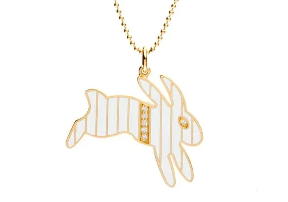 Gold and Diamond Stripe White Enamel Bunny Necklace