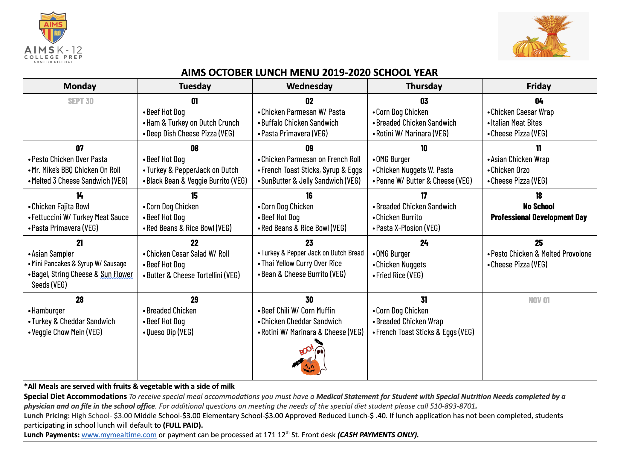 Lunch Menu October 2019 — AIMS K12