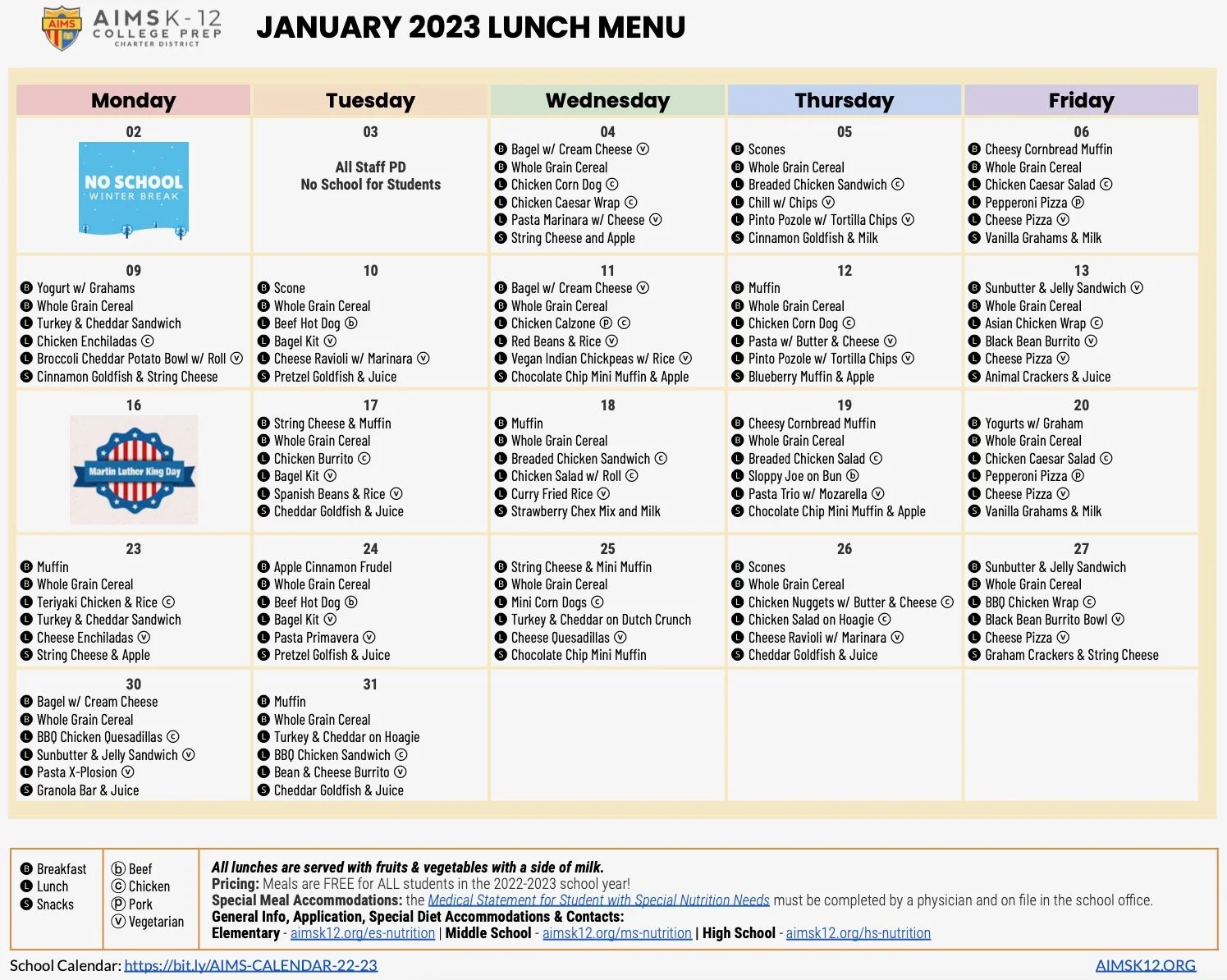 Meal Menu for January 2023