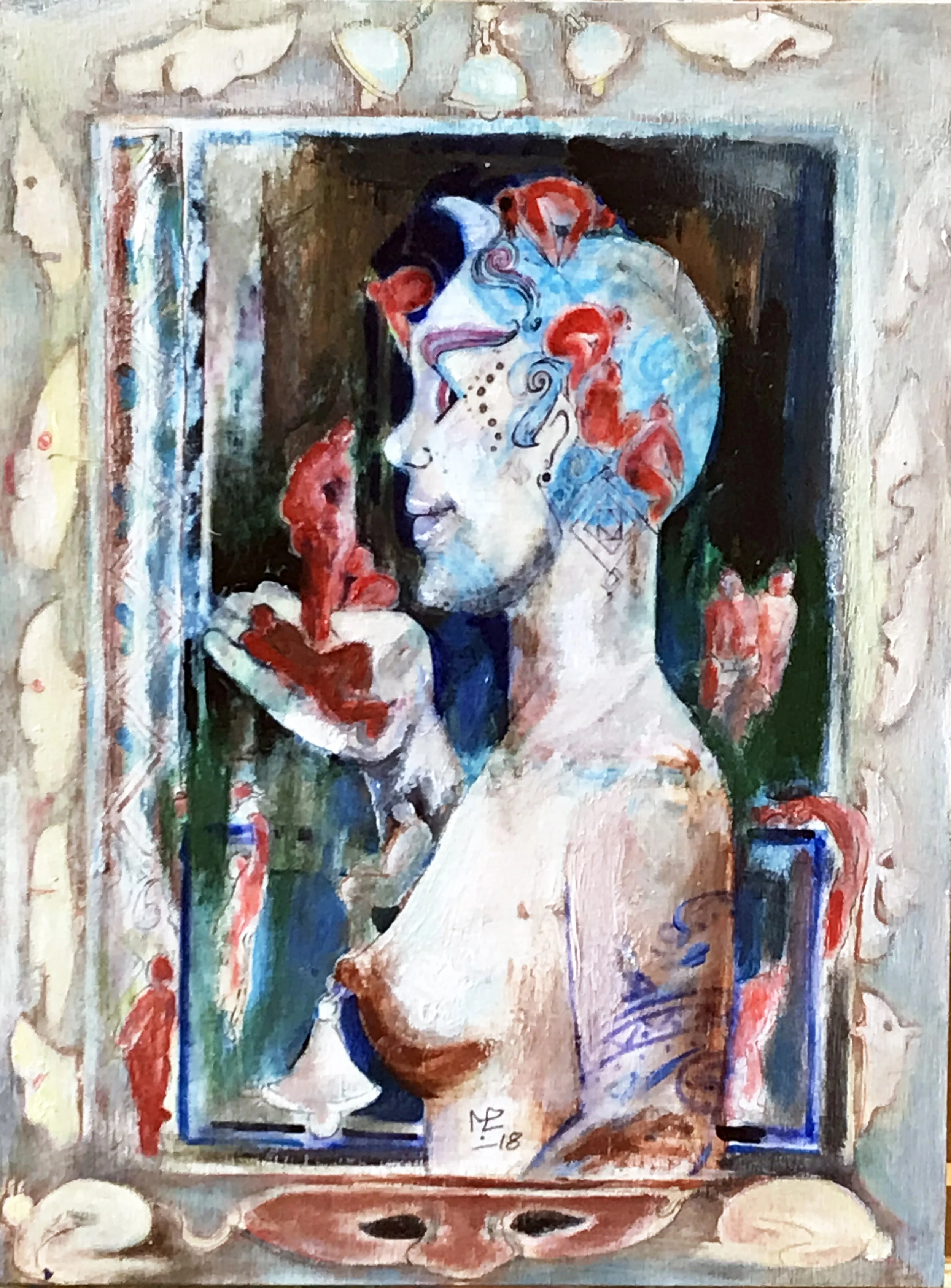 Div with Blue Horn, 2018, mixed media on wood panel, 12”x16”