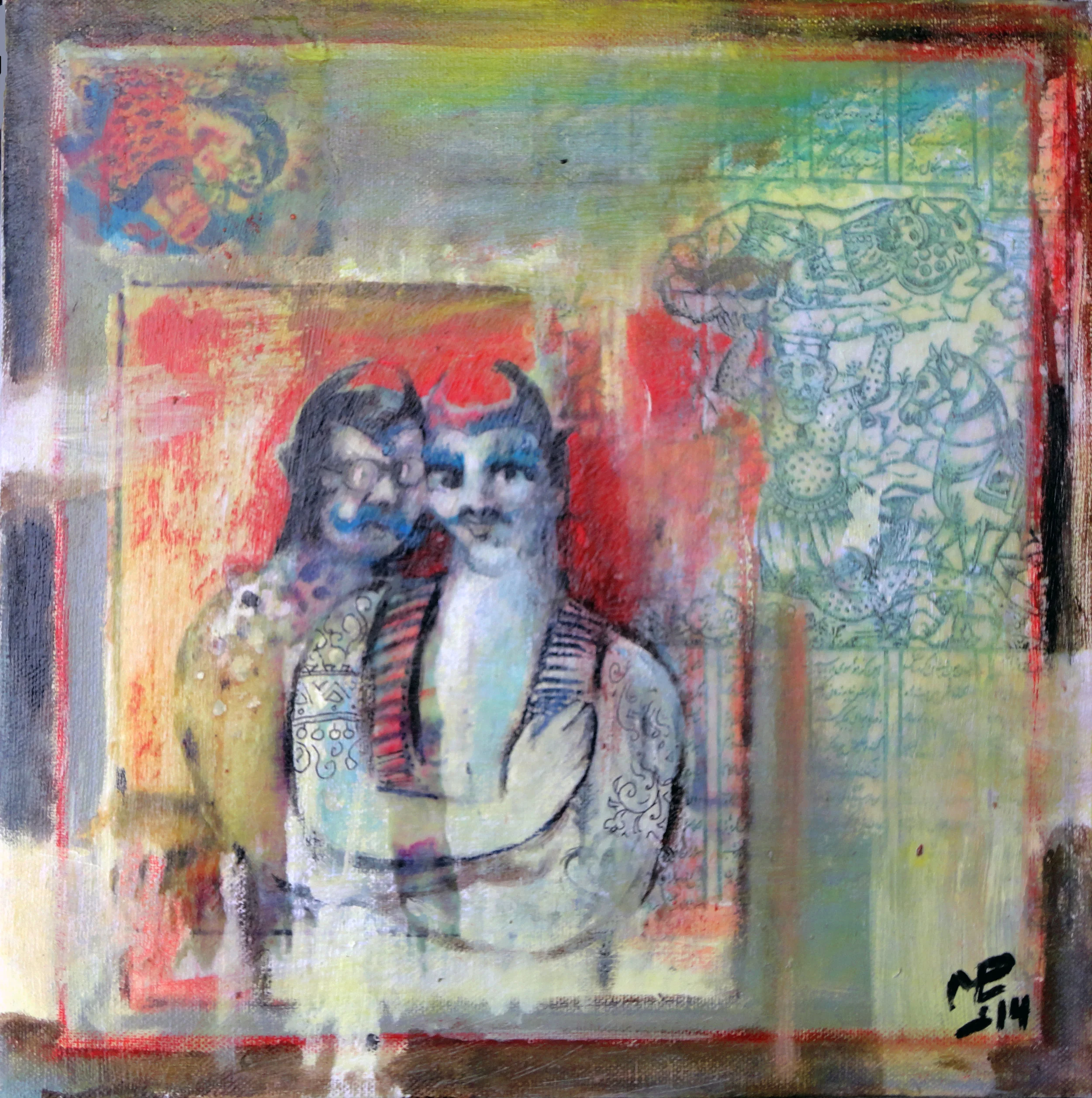 Two Lovers, 2014, mixed media on wood panel, 12”x12”