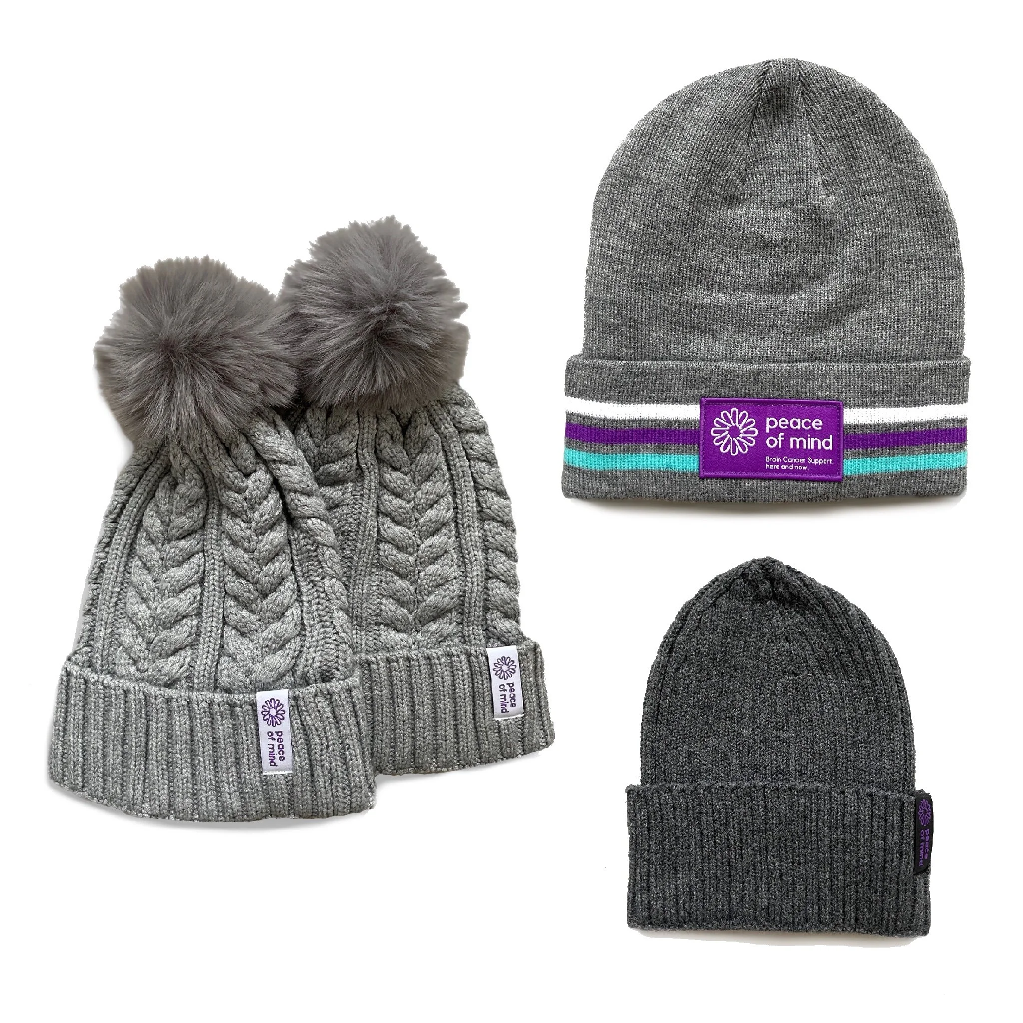 Grey cable knit Brain Cancer beanie with faux fur pom pom — Peace of