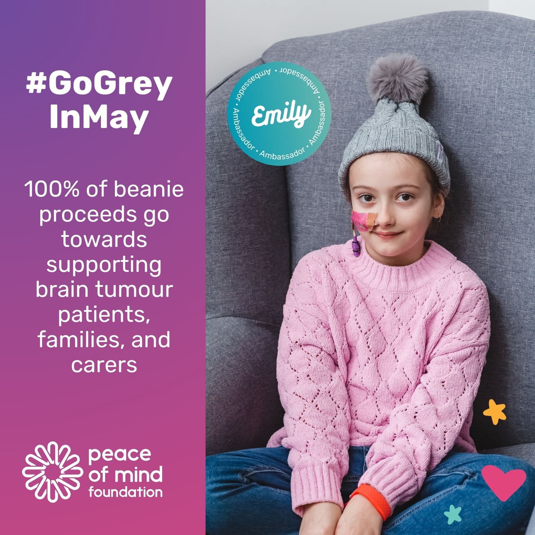 Help patients and families like Emily's @livingwithemilyandrainbow access vital support services after a brain tumour diagnosis. Shop the #GoGreyInMay Peace of Mind Foundation support beanie via our online store (Link in bio) 🩷