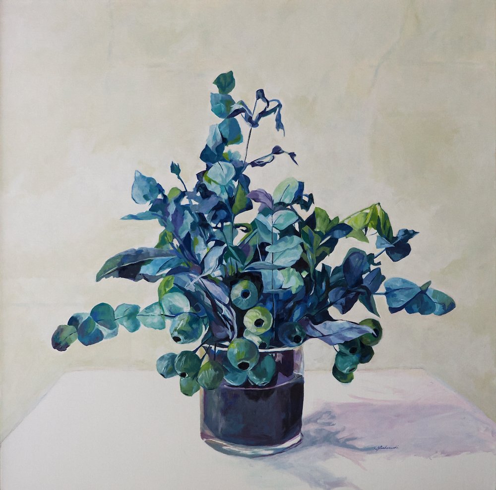 Margaret Dubowski 'Blue Green Gums in Glass Jar' Acrylic 2024 76cm x 76cm.jpg
