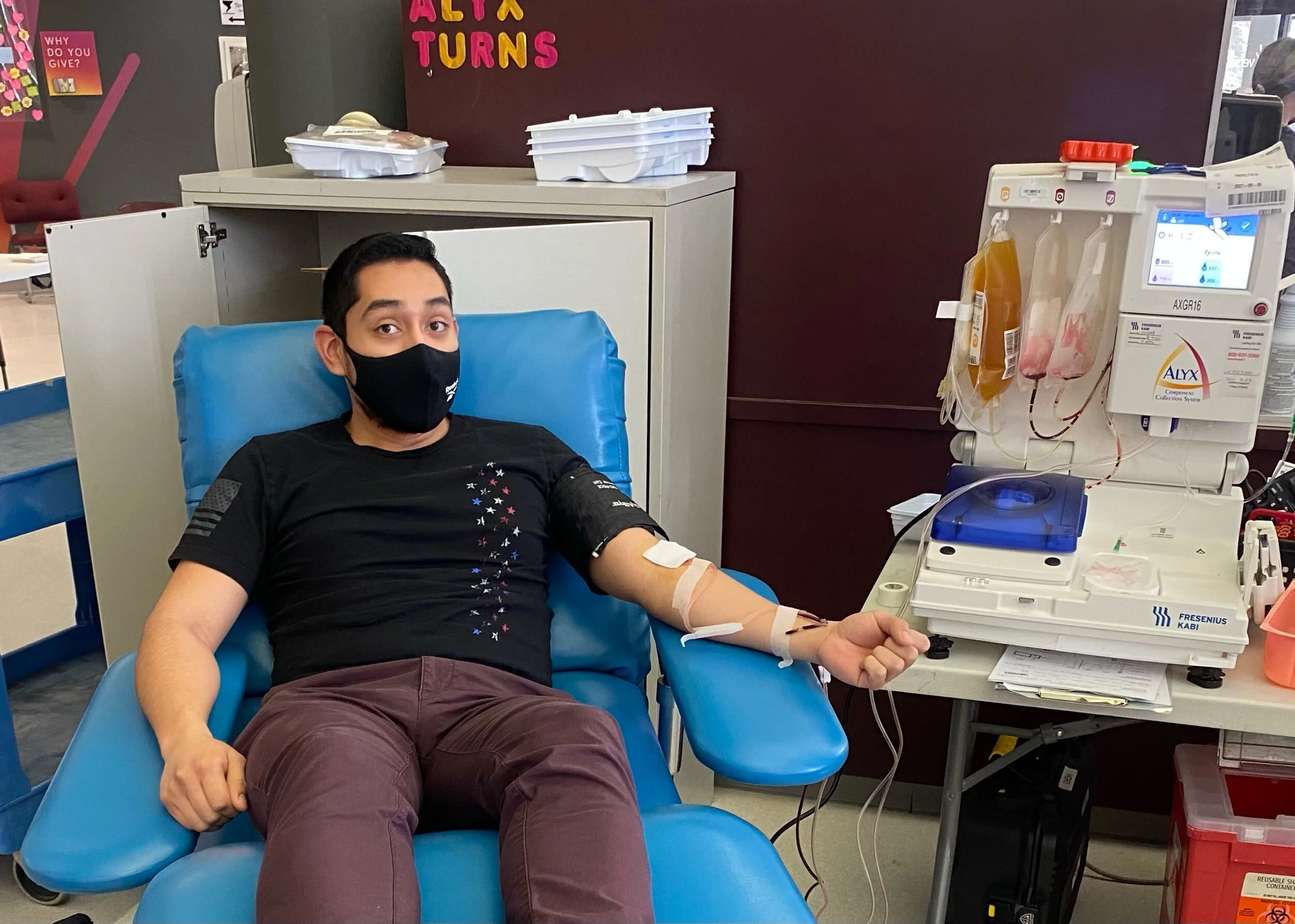 Reporter Joshua Sanchez donates his plasma after recovering from COVID-19 in November 2020, Feb. 15 2021.
