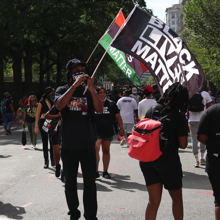 Demonstrators wave Black Lives Matter and Pan-African flags outside of the White House after the march.