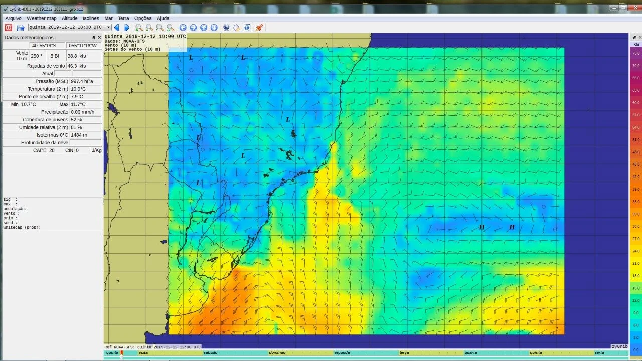 Previsão dos ventos pelos satélites da NOAA, configurados pelo site Zygrib