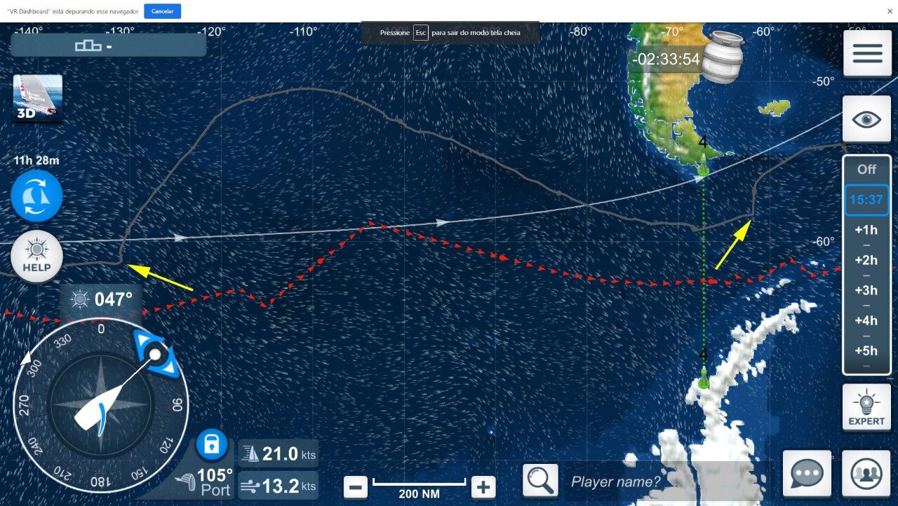 A seta à esquerda mostra o ponto exato em que o barco ficou abandonado. Em vez de ir direto, se eu estivesse no comando, ele fez uma rota maluca, subindo, depois descendo, e pelo capricho dos ventos ultrapassou o Horn! A segunda flecha mostra onde o…