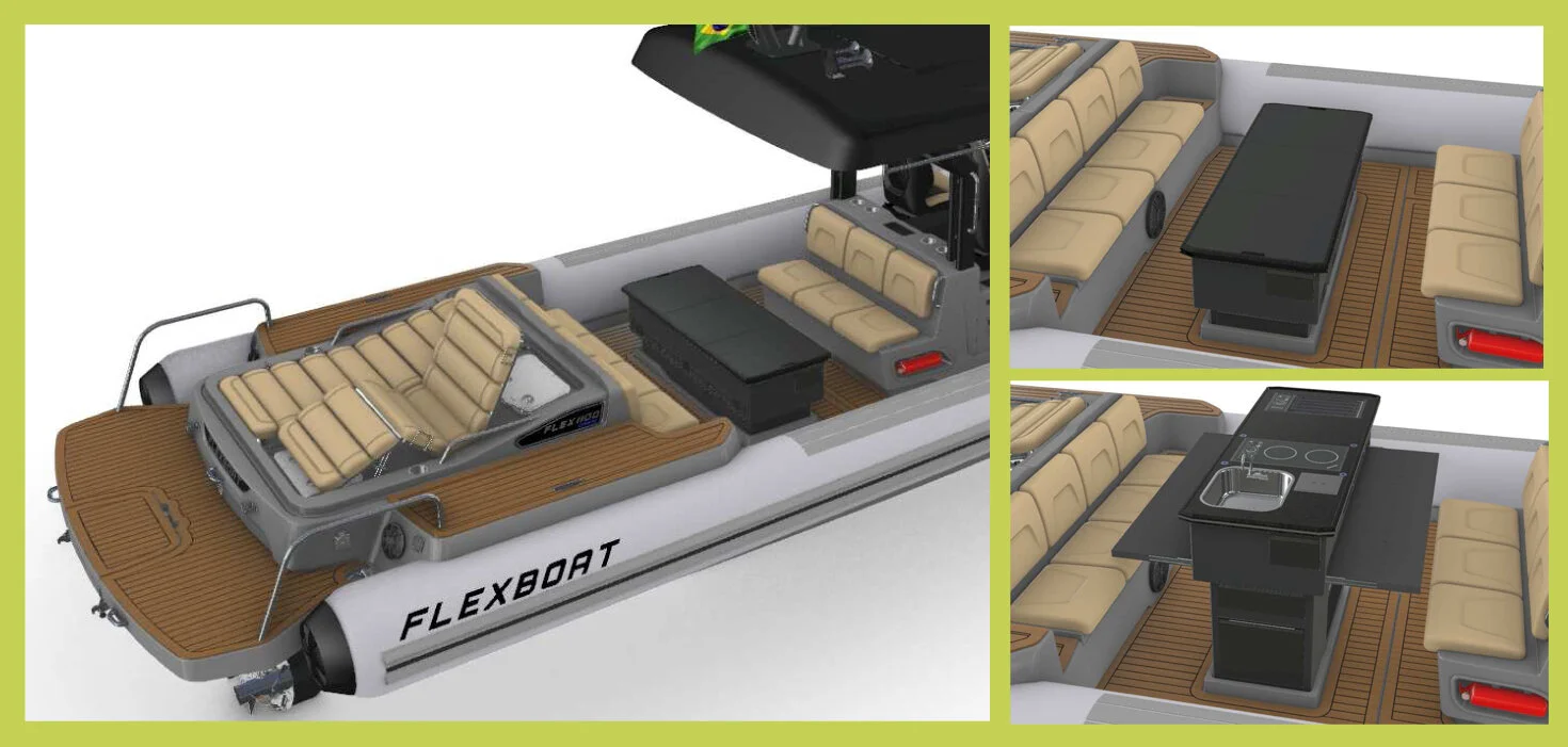 Sobre o compartimento dos motores há um solário com duas espreguiçadeiras com inclinação regulável, servido por um compartimento para roupas e objetos. Opcionalmente, o barco pode ser equipado com um módulo-cozinha atrás do posto de pilotagem ou no …