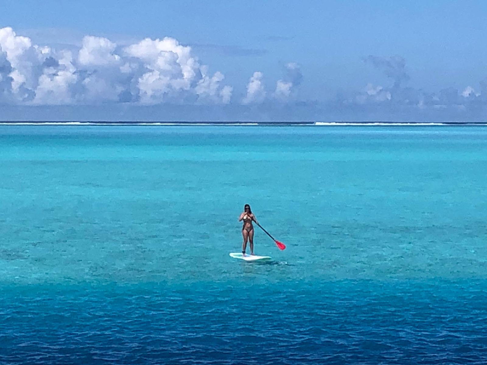 Stand up paddle ao pôr de sol na barreira de coral