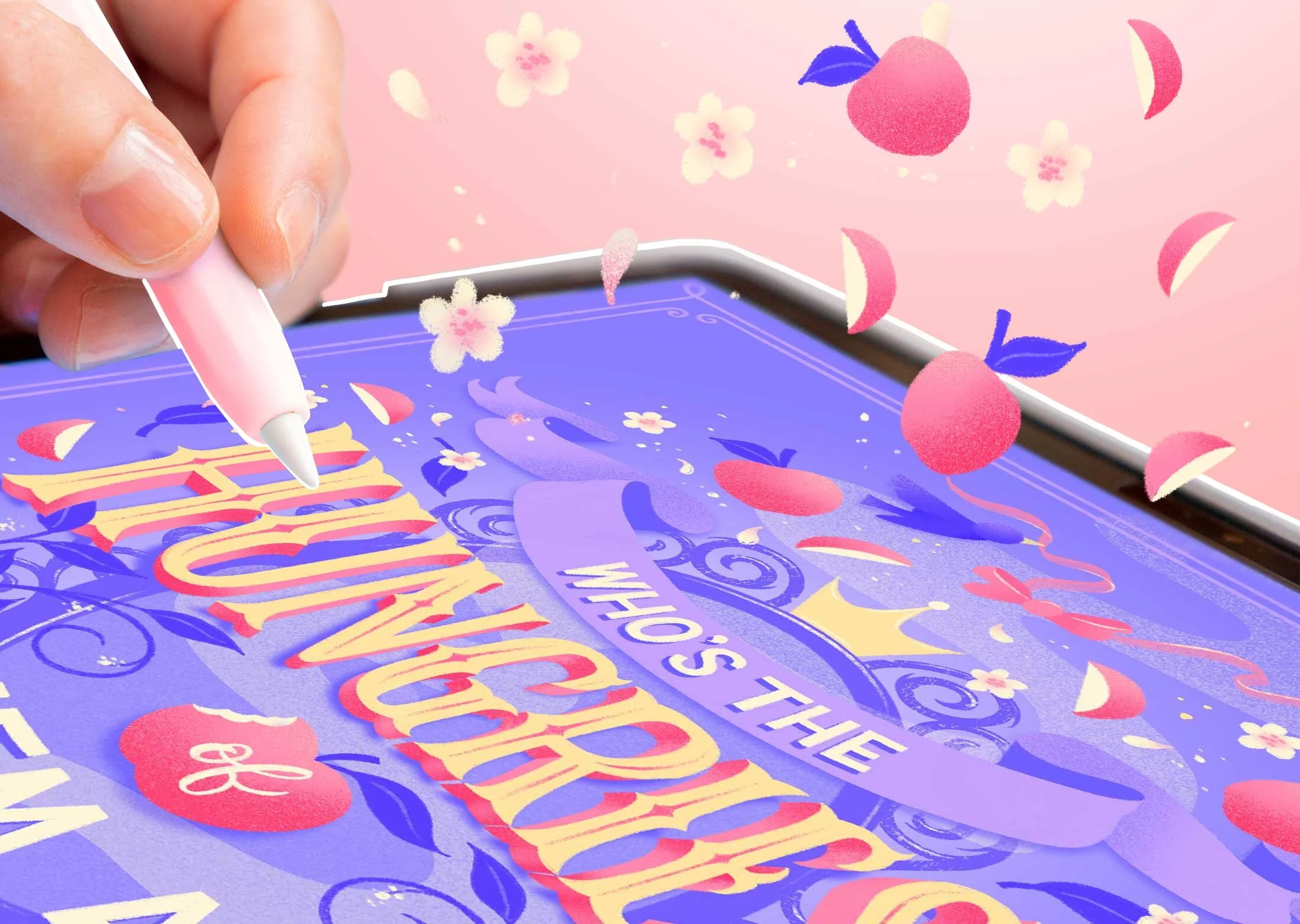 iPad featuring custom hand lettering with illustrations drawn digitally on top. This is the thumbnail for a hand lettering tutorial.