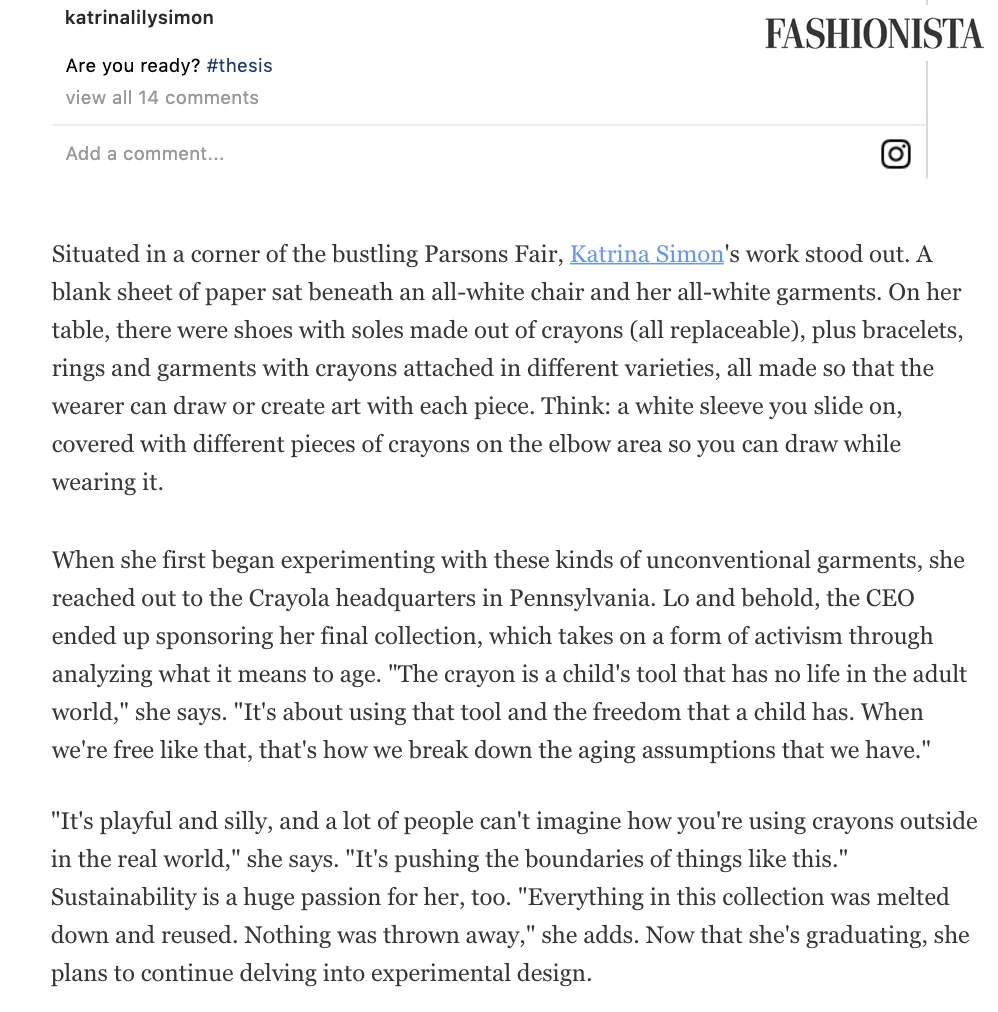  Featured and interviewed in Fashionista, May 2018 