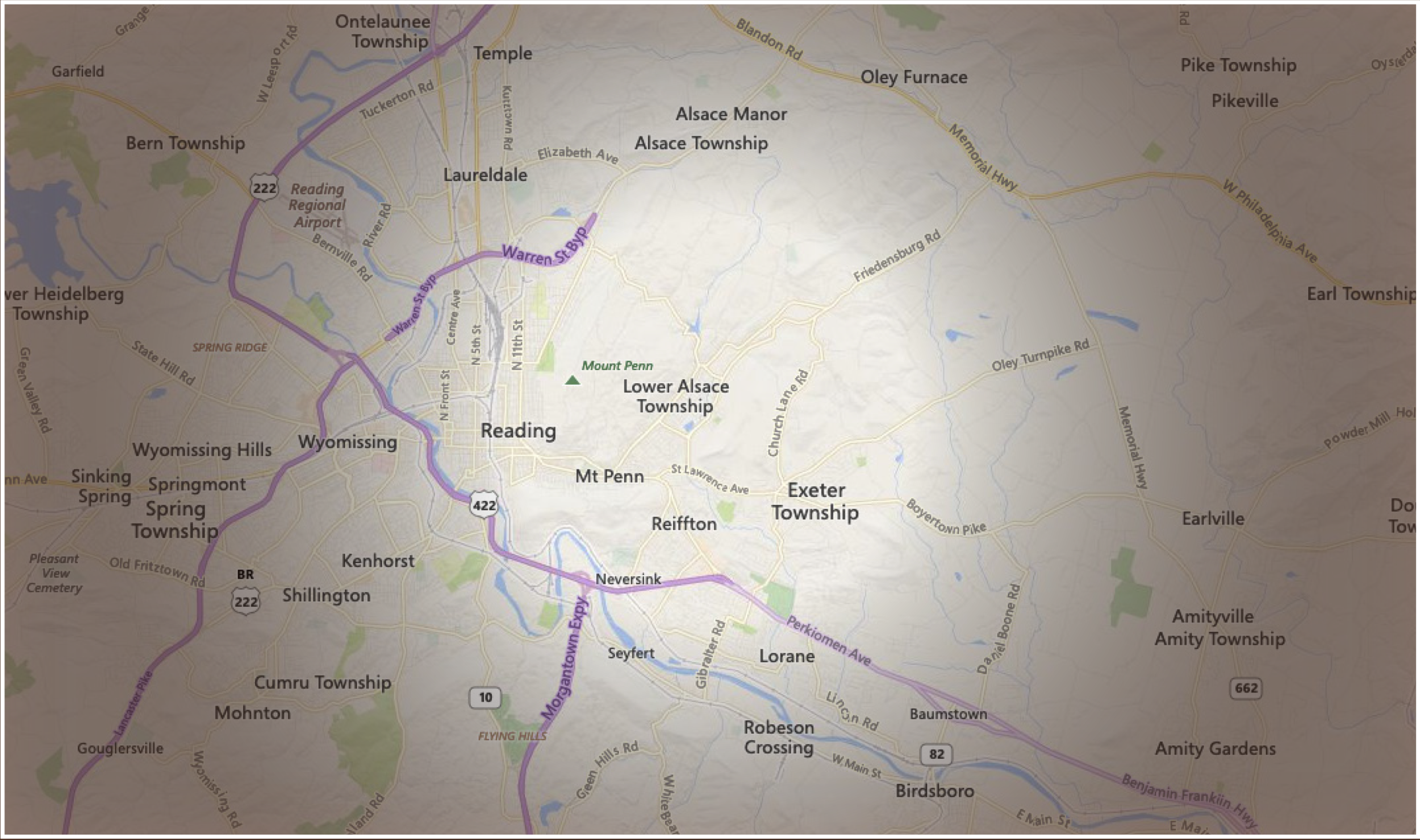 Map of Reading, Pennsylvania and surrounding areas showing major roads, townships, and landmarks such as Mount Penn and Reading Regional Airport.