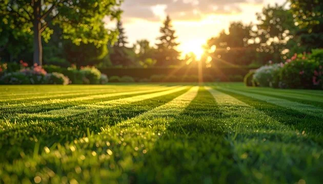 Sunrise over a well-manicured lawn with trees and flower bushes.