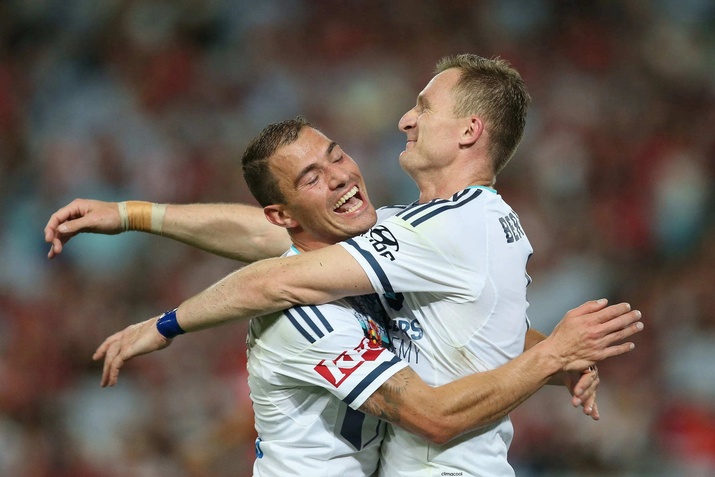  Besart Berisha of the Victory celebrates with Marco Rojas after scoring a goal during the round 10 A-League match between the Western Sydney Wanderers and the Melbourne Victory at ANZ Stadium on December 10, 2016 in Sydney, Australia. (Photo by Jaso