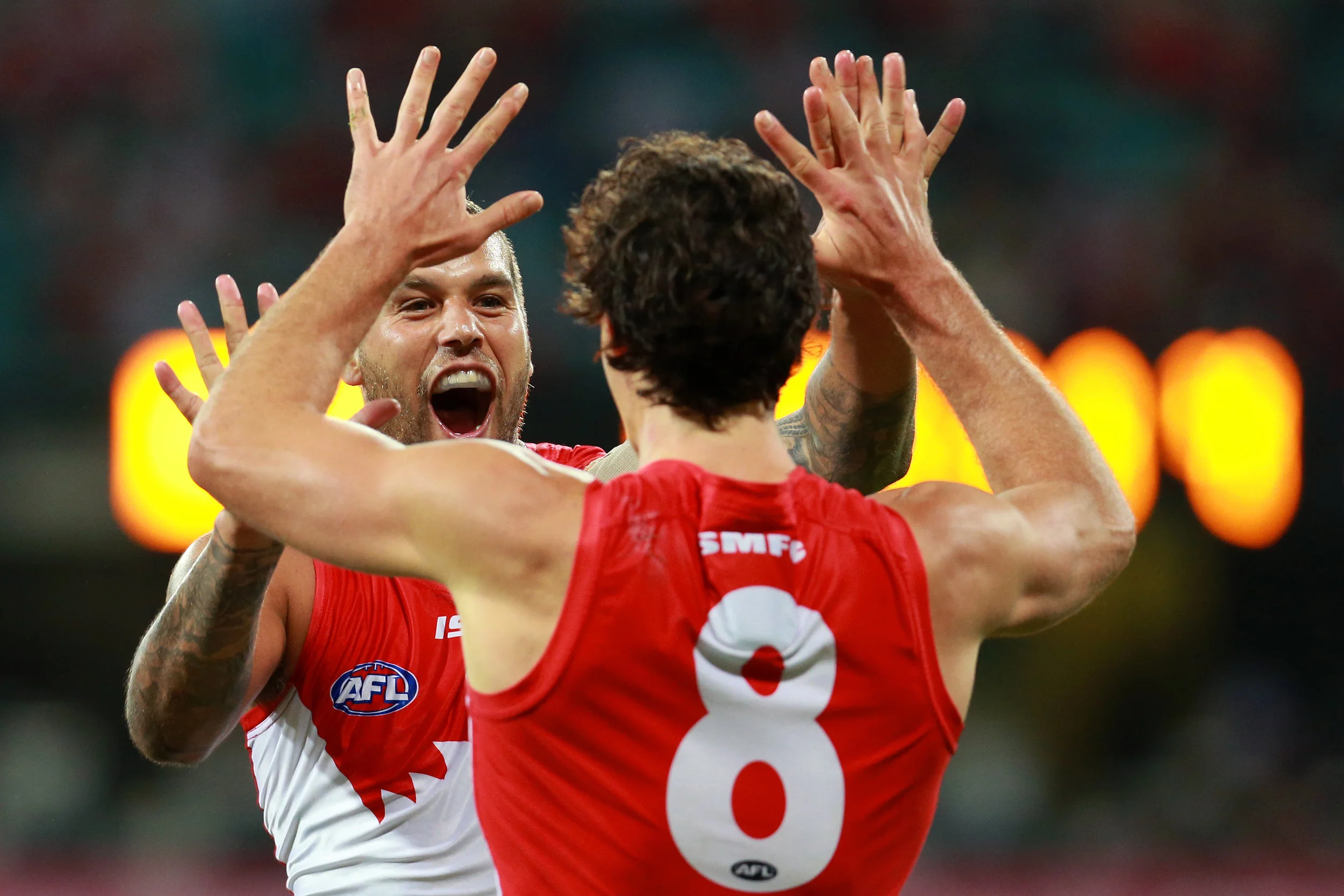 Lance Franklin of the Swans celebrates a goal during the 2017 AFL round 05 match between the Sydney Swans and the GWS Giants at the Sydney Cricket Ground on April 22, 2017 in Sydney, Australia. (Photo by Jason McCawley/Getty Images)