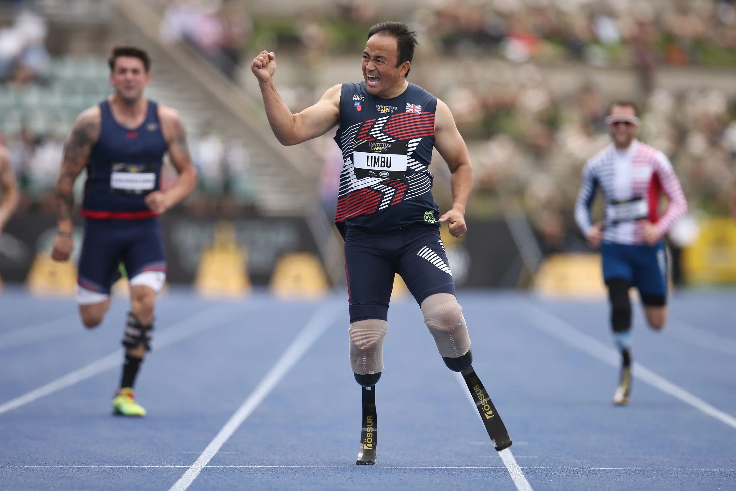  Kushal Limbu of United Kingdom celebrates winning the Men's 200m IT1 Final during day six of the Invictus Games Sydney 2018 at Sydney Olympic Park Athletics Centre on October 25, 2018 in Sydney, Australia. (Photo by Jason McCawley/Getty Images for I