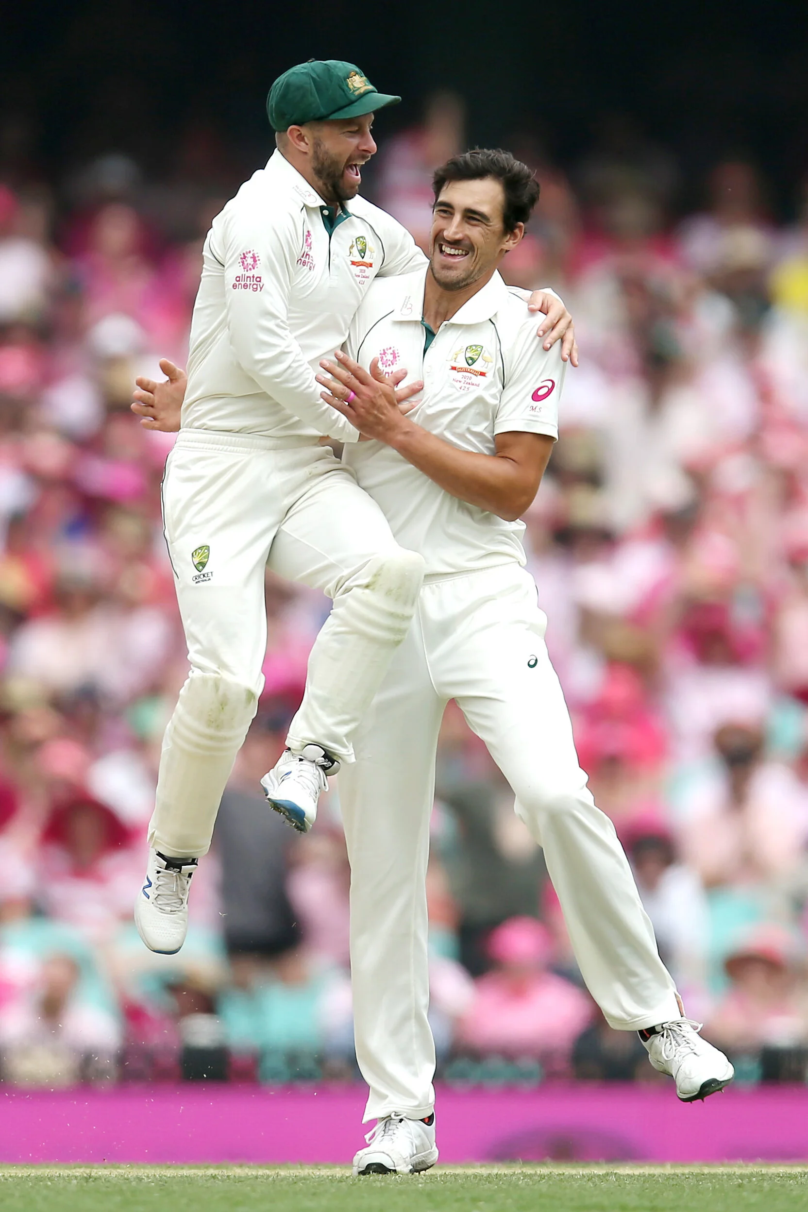  Mitchell Starc of Australia celebrates with Matthew Wade of Australia after dismissing BJ Watling of New Zealand during day three of the Third Test match in the series between Australia and New Zealand at Sydney Cricket Ground on January 05, 2020 in