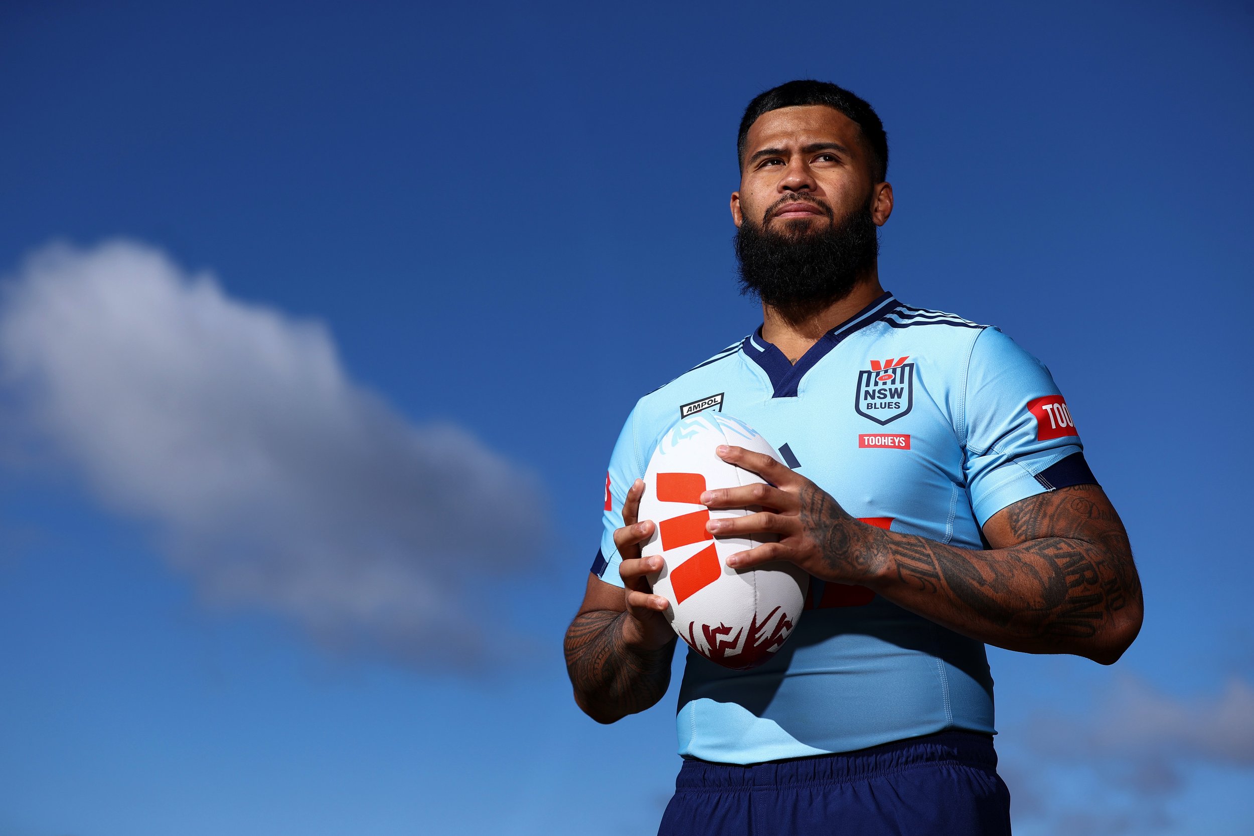  Payne Haas of the Blues poses during a NSW Blues State of Origin media opportunity at Fairmont Resort on June 10, 2025 in Katoomba, Australia. (Photo by Jason McCawley/Getty Images) 