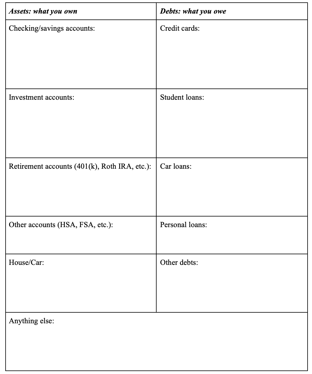 Template balance that you can fill in with your partner.
