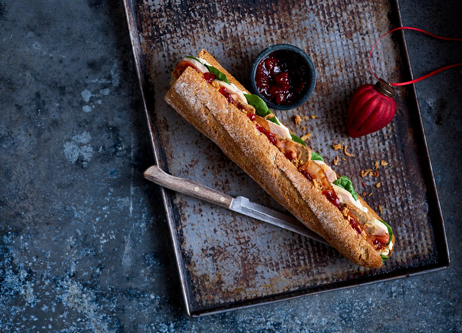 turkey, stuffing and cranberry baguette