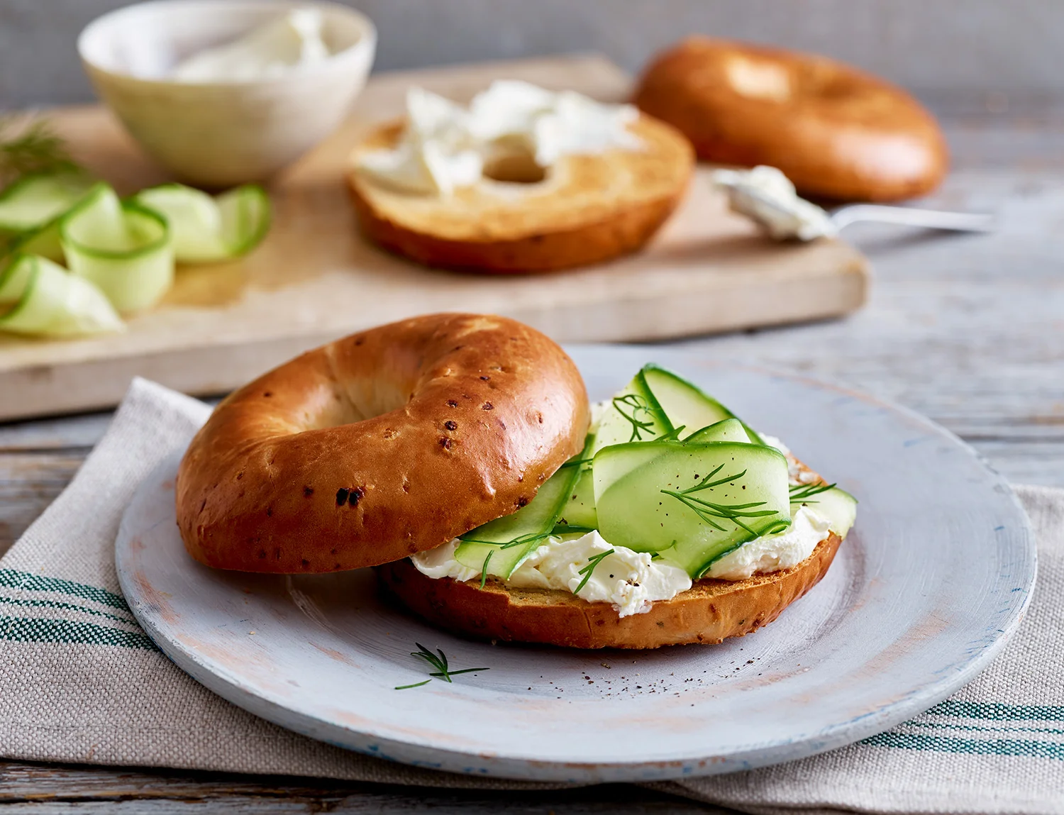 Cream cheese cucumber and dill bagel