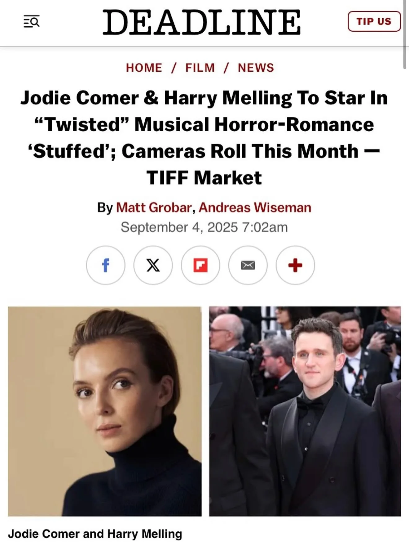 Announcing a new feature film written by the incredible co writer and composer @jossholdenrea &bull; STUFFED, starring @jodiemcomer &amp; Harry Melling  is starting principal photography later this month.

The film, which marks the debut of writer-di