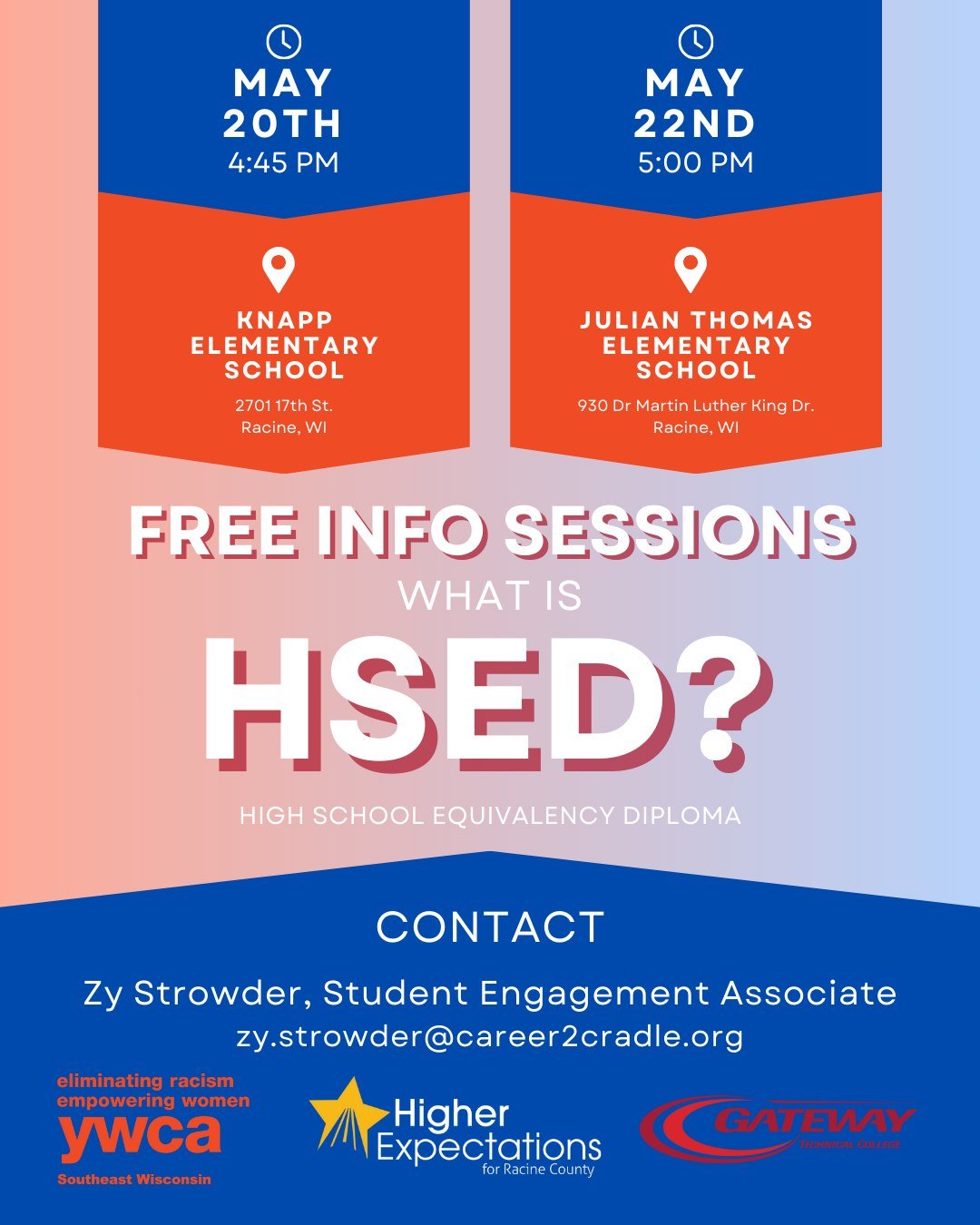 🎓 Curious about the High School Equivalency Diploma (HSED)? Join us next week for an info session with our student engagement associate, Zy Strowder! 

📅Monday, May 20th at 4:45 PM at Knapp Elementary School
📅Wednesday, May 22nd at 5:00 PM at Juli