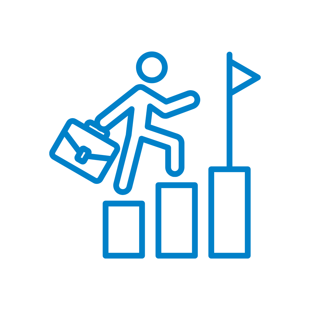 outline of person climbing steps holding briefcase to flag, in blue color