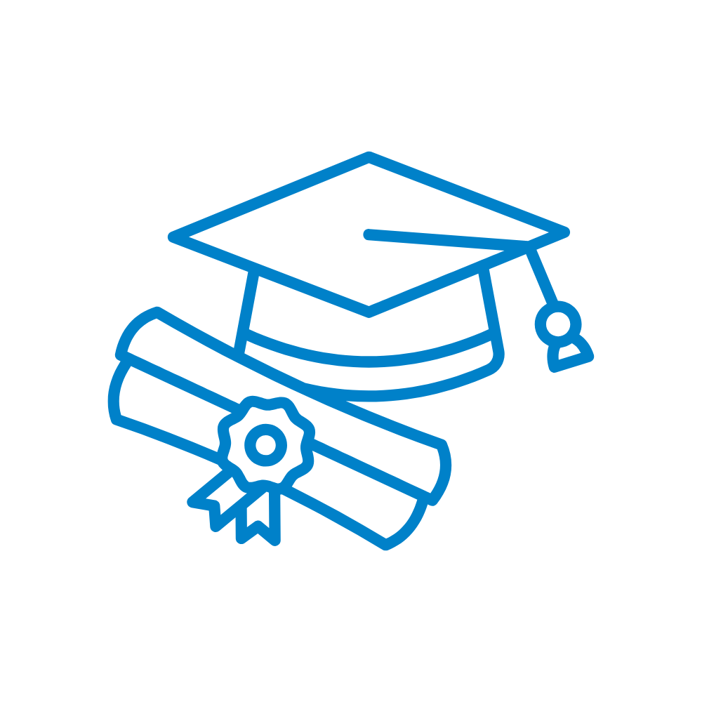 graduation cap and diploma icon in blue color