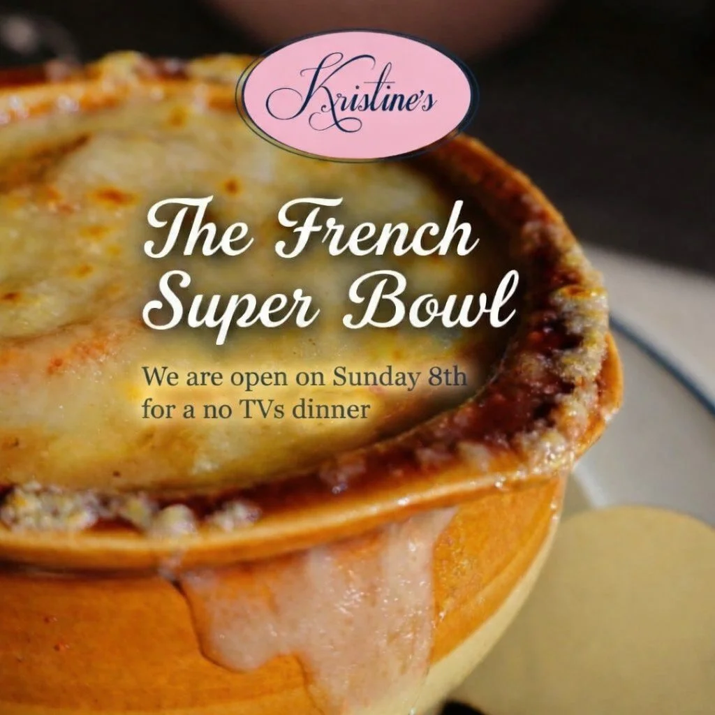 The only "Bowl" we care about this Sunday is a warm bowl of French Onion Soup.

Kristine's in open on Sunday 8th, No TVs, just the best Bistro vibes in Princeton. #SuperBowlSunday #SuperBowlBound #frenchrestaurant #kristinesprinceton #princ
