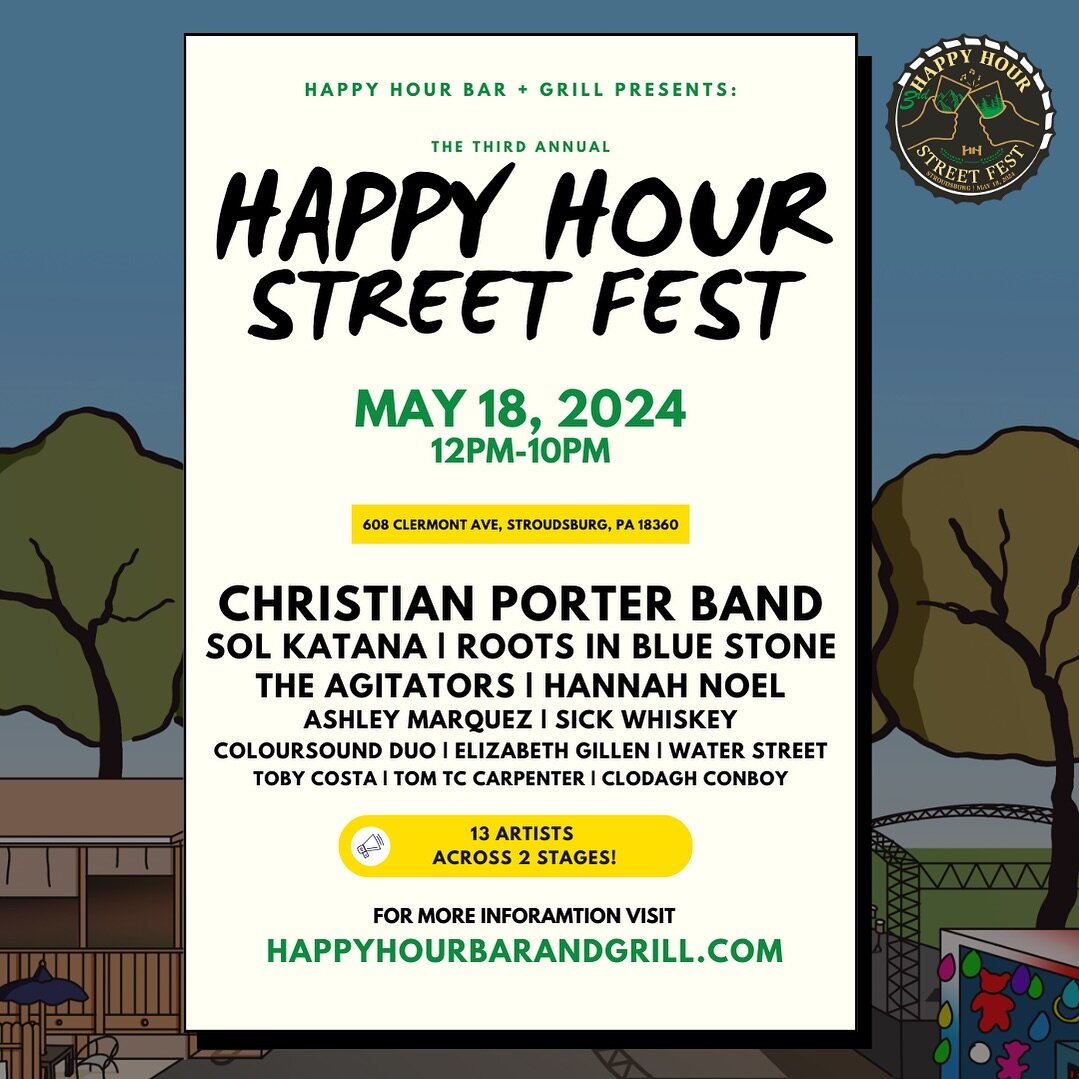 🎉 Exciting Announcement! 🎉 Join me on Saturday, May 18th, for the 3rd annual Happy Hour Street Festival! 🎶 Get ready for an unforgettable day filled with live music from 13 incredible bands across 2 stages, local vendors showcasing their amazing p