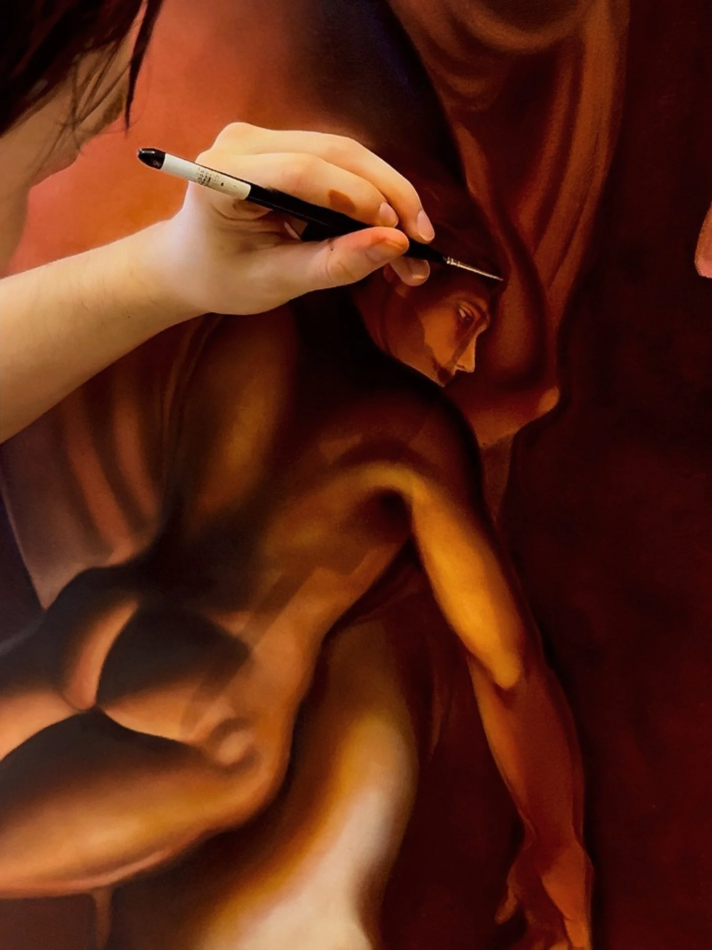 A new work, in progress. A figure surfacing through layers of vermillion. 

-
-
-

< vermillion, oil painting, Renaissance technique, sfumato, chiaroscuro, collector art, figurative painting, alchemy, transformation, contemporary master >

#Art