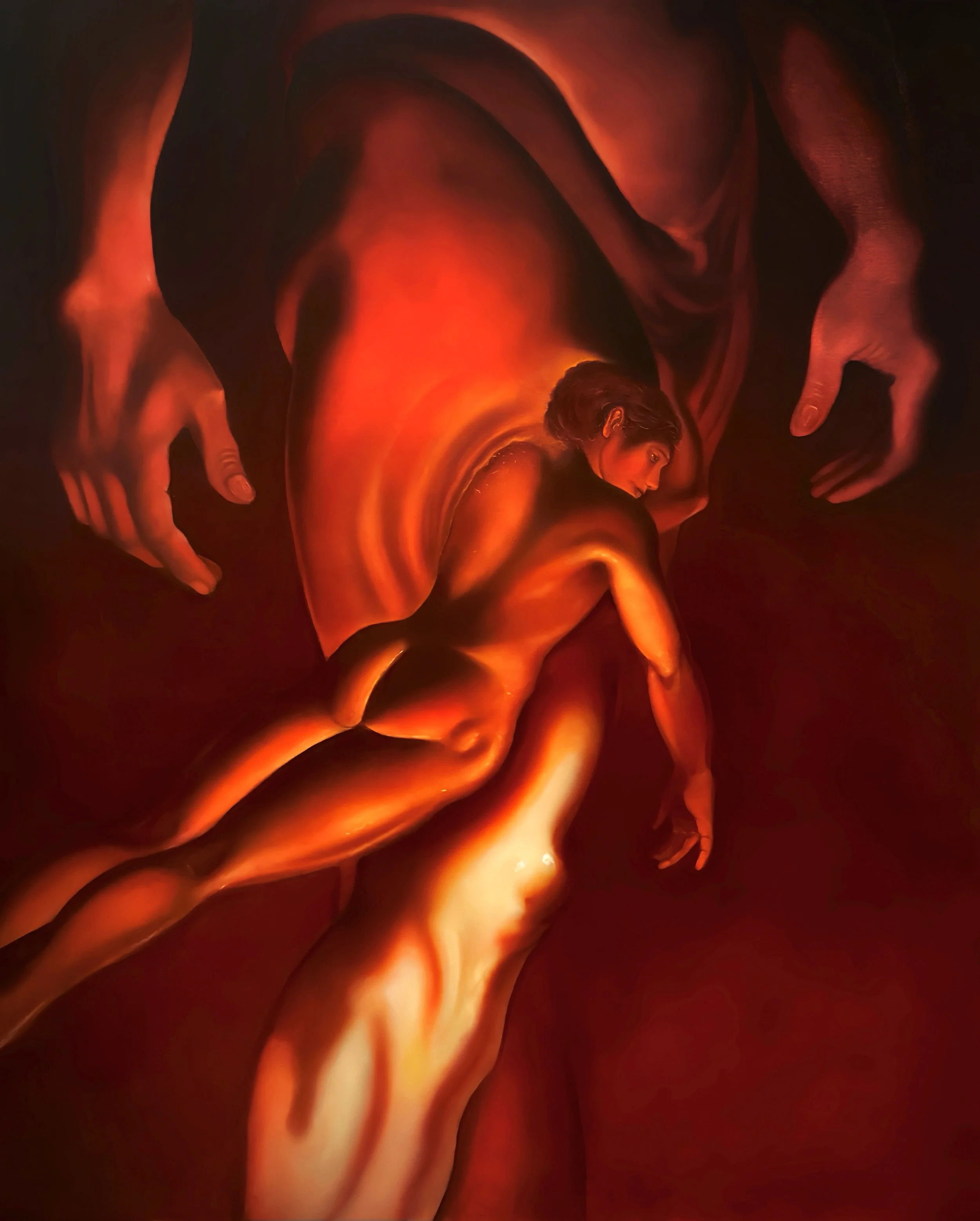 Twice Born &bull; Oil on Canvas &bull; 80x100cm &bull; 2026 

The act being depicted is a second birth. The first was through pain and terror, and too soon. The second is through divinity, even if just a limb of it. The sea of vermillion red embodies