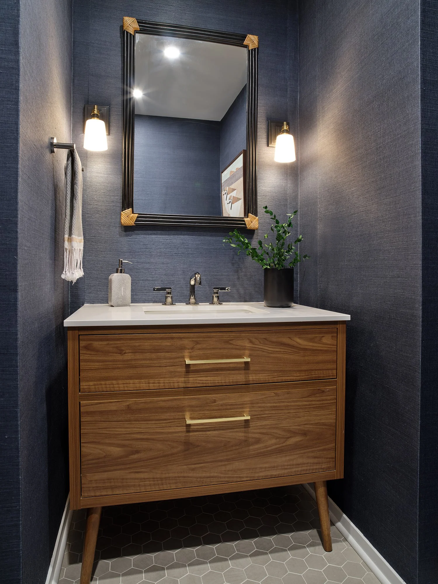 Modern Powder Room with blue grasscloth wall covering