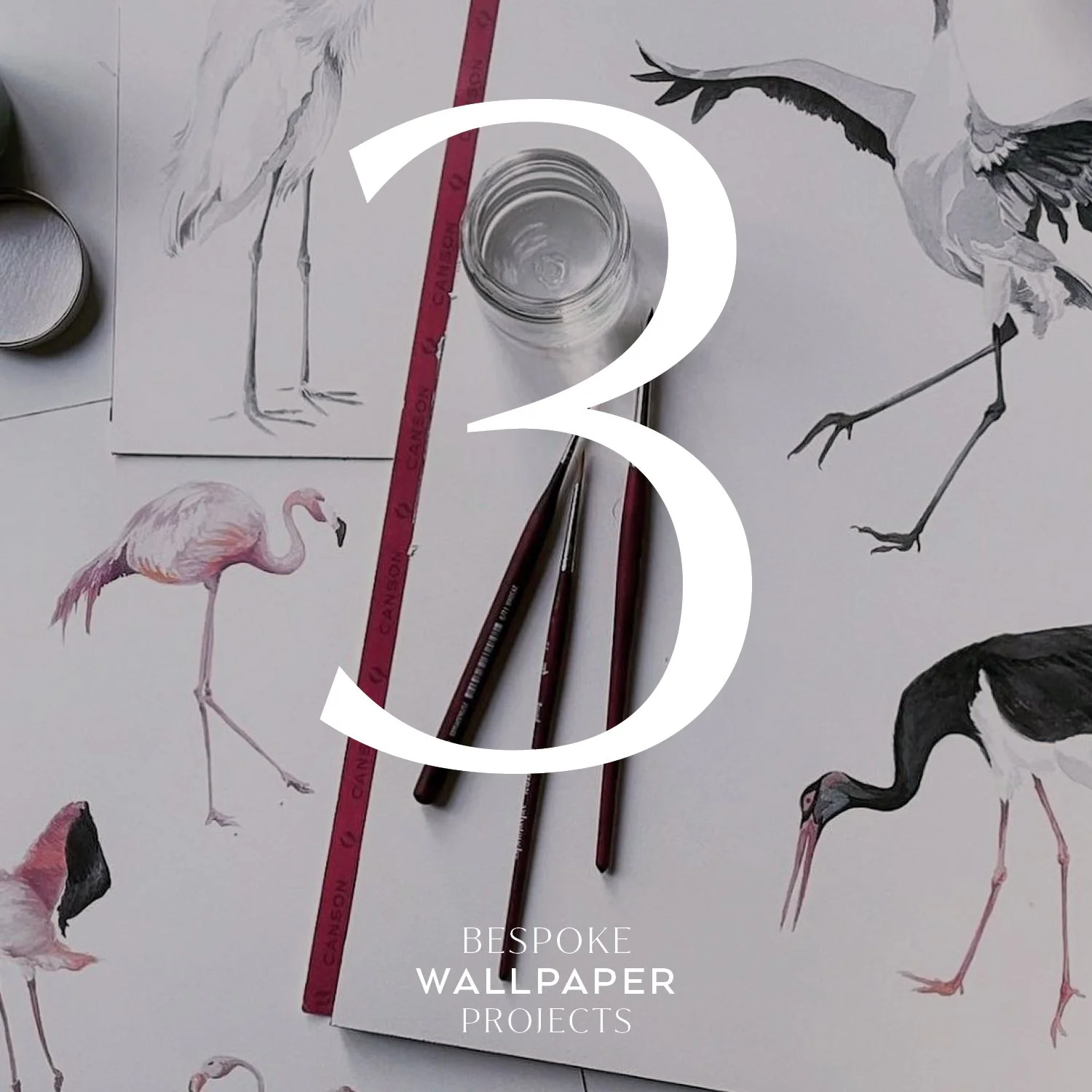 watercolor bird drawings by Danica Andler translated into bespoke wallpaper for residential and commercial projects