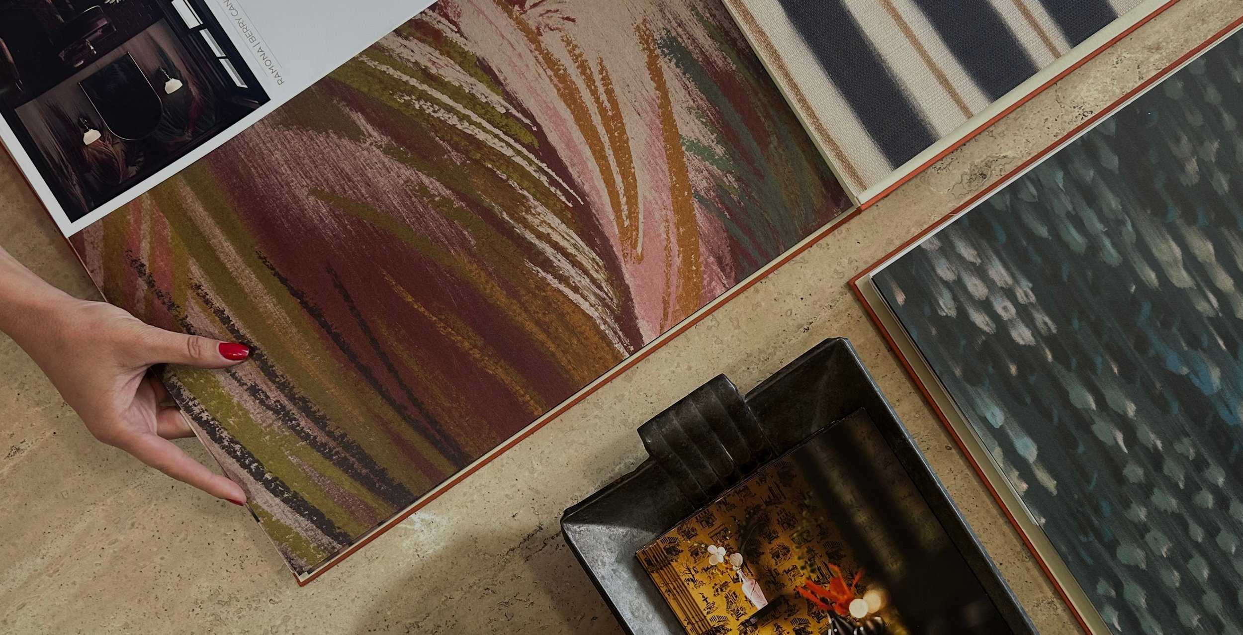 wallpaper samples book by Danica Andler Studio, Ramona Canopy Mural, Alex Rainy Lake, wayward stripes