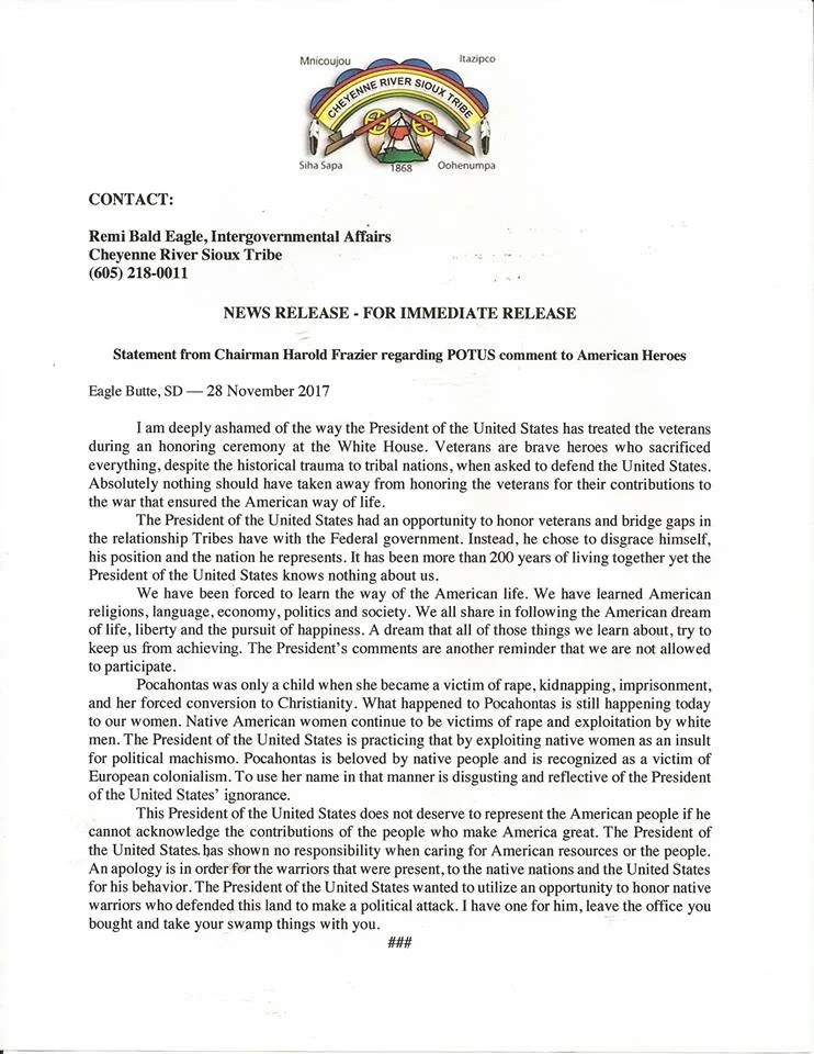 Nov 29, 2017 - Cheyenne River Sioux Chairman Frazier Ashamed at Trump’s Treatment of Code Talkers