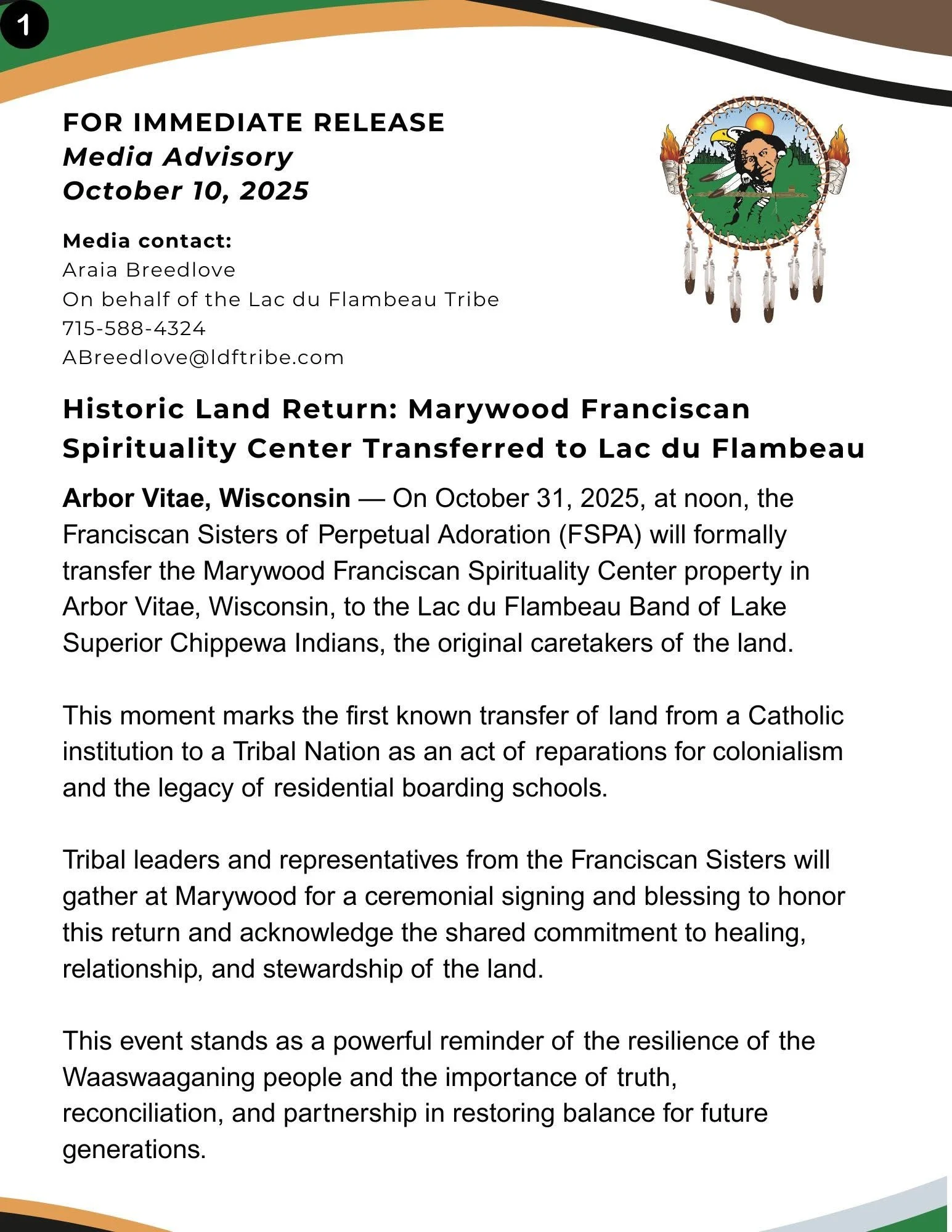 Lac du Flambeau Band of Chippewa Announces Historic First Land Transfer with Catholic Religious Congregation Franciscan Sisters of Perpetual Adoration