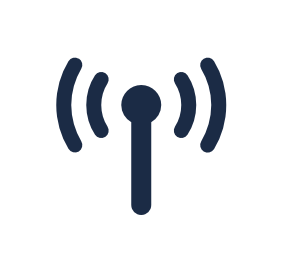 A minimalist dark navy blue vector icon representing a broadcast antenna or signal tower, featuring a central vertical pillar topped with a solid circle, flanked on each side by two curved wireless signal waves with rounded ends.