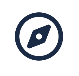 A minimalist dark navy blue vector icon of a compass, featuring a diagonal, rounded dial needle centered inside a solid circular ring against a white background.