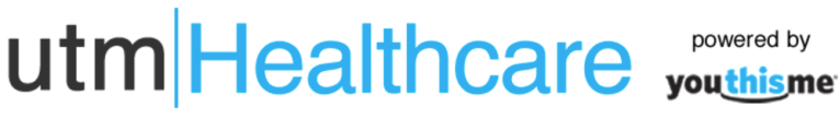 The company logo for utm Healthcare, featuring "utm" in a clean dark gray font separated by a vertical blue line from the word "Healthcare" in a bright blue font. To the right, a smaller "powered by youthisme" brandmark is visible.